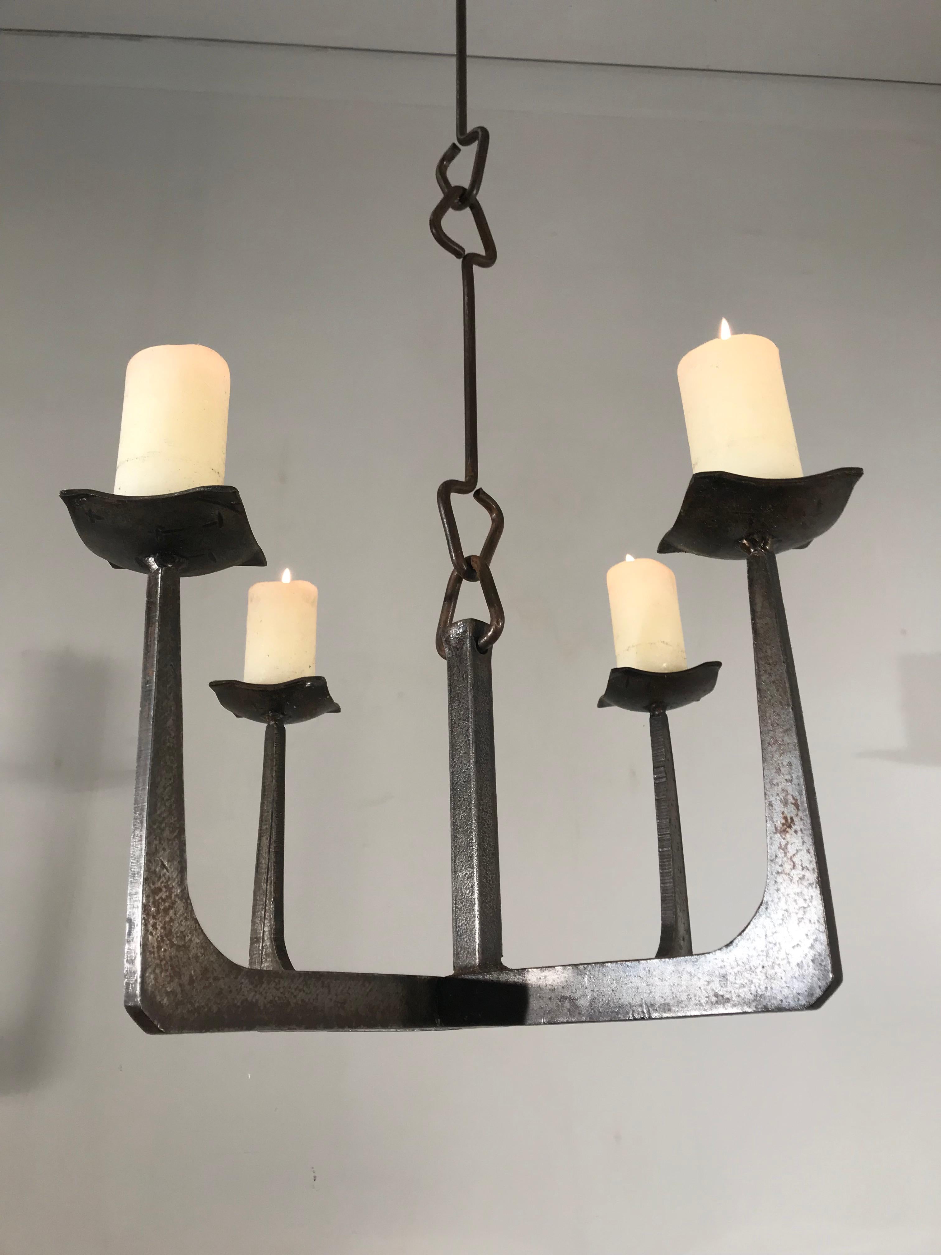 Early 20th Century Arts & Crafts Wrought Iron Candle Lamp Four Candle Chandelier 14