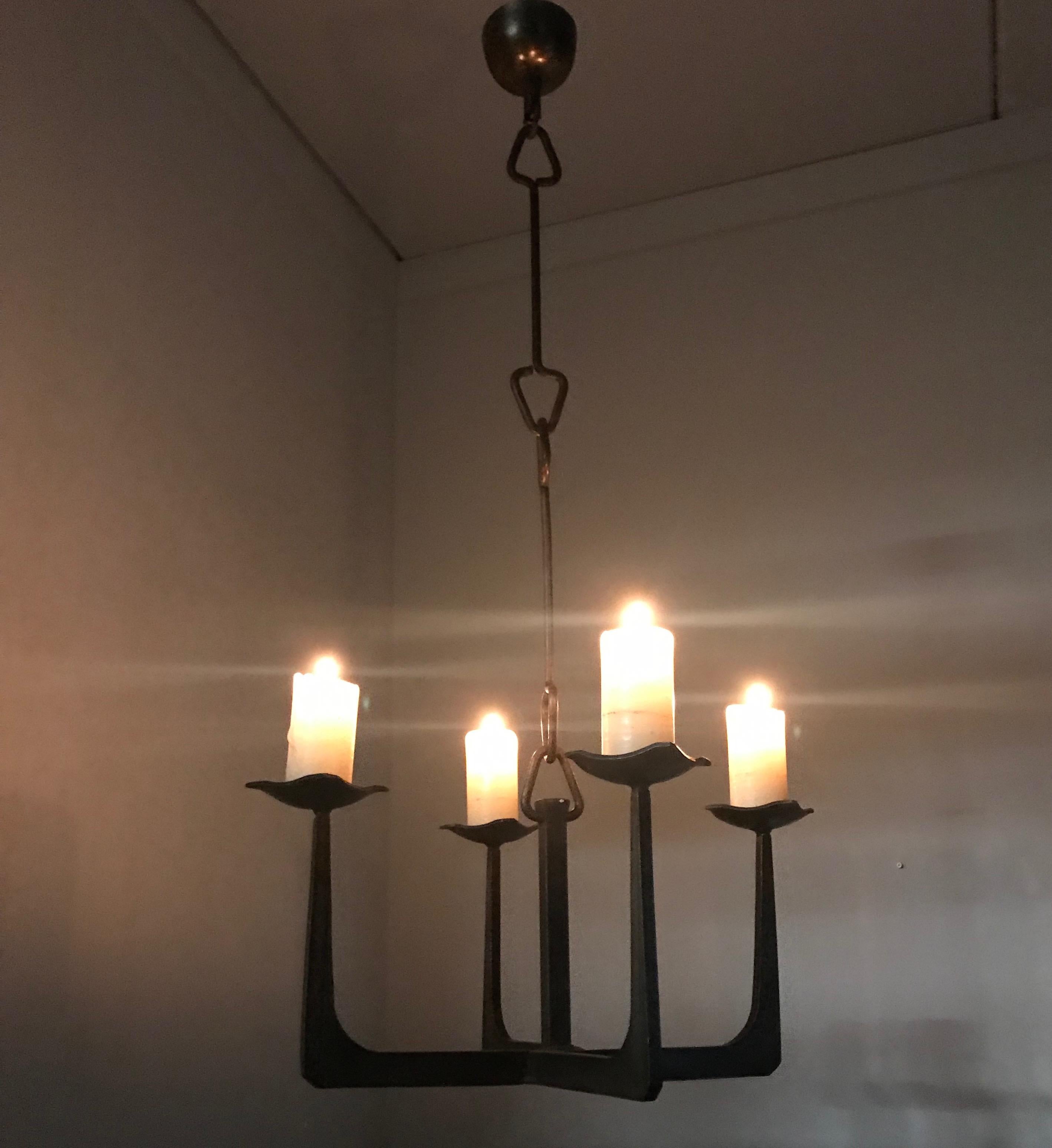 Arts and Crafts Early 20th Century Arts & Crafts Wrought Iron Candle Lamp Four Candle Chandelier