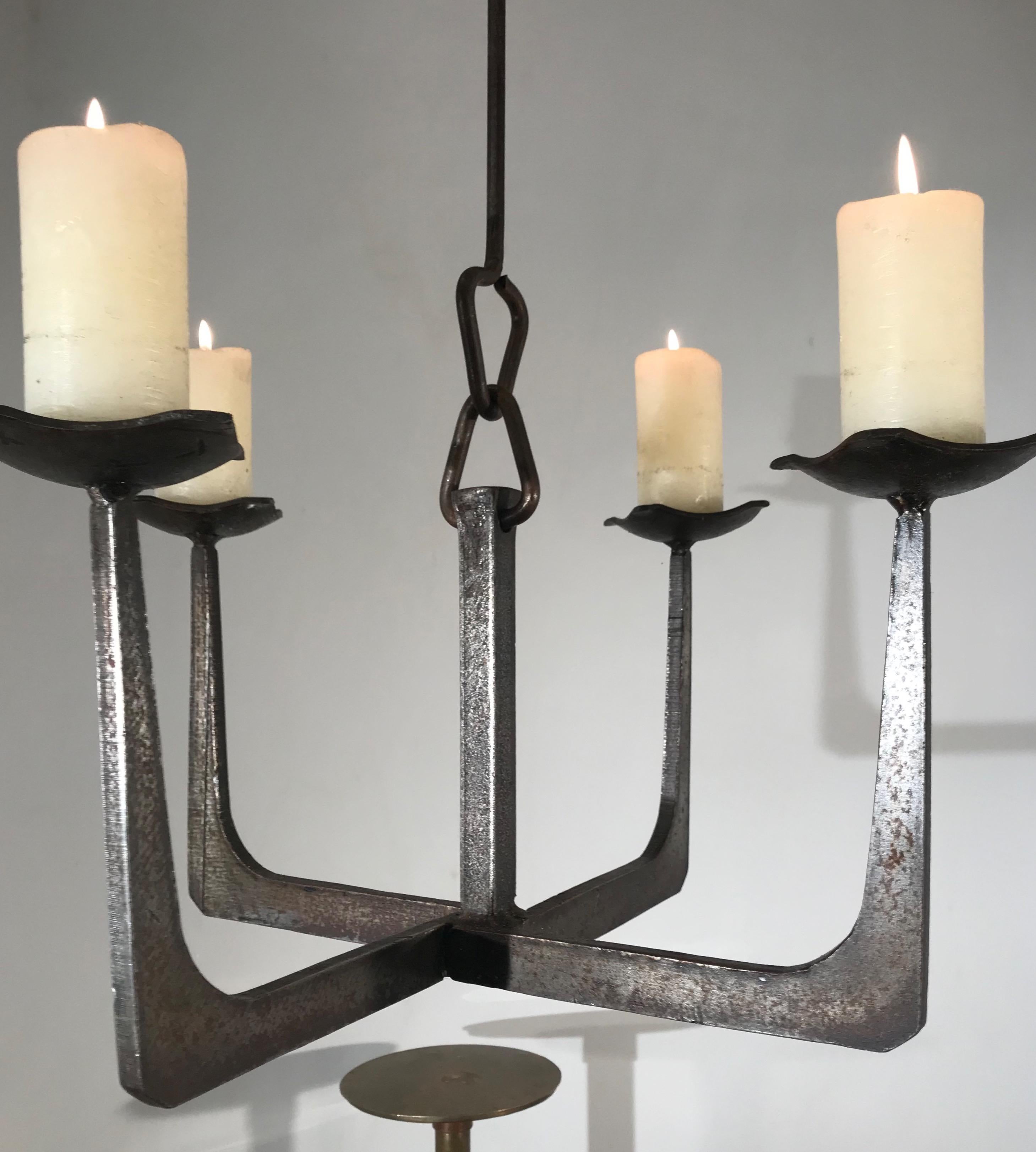 European Early 20th Century Arts & Crafts Wrought Iron Candle Lamp Four Candle Chandelier
