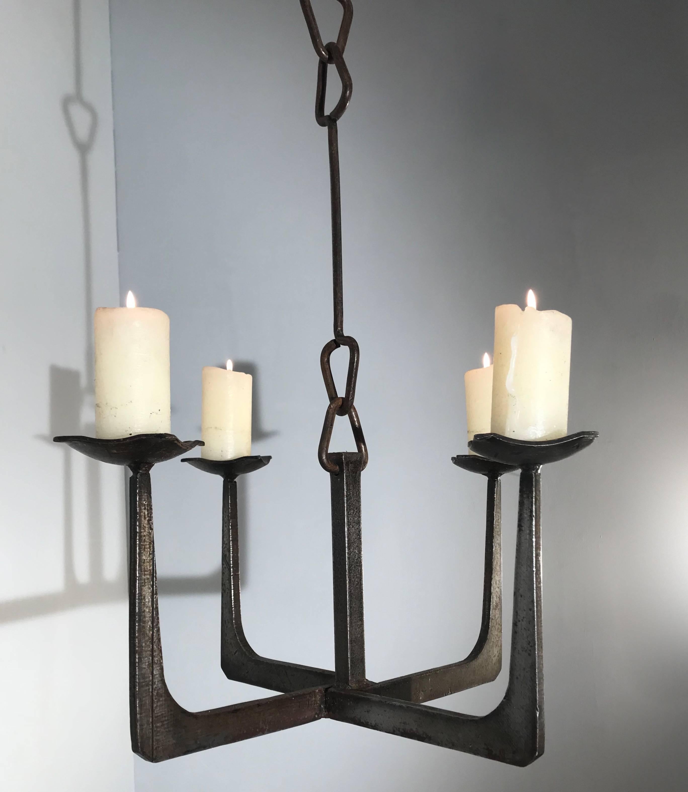 Hand-Crafted Early 20th Century Arts & Crafts Wrought Iron Candle Lamp Four Candle Chandelier