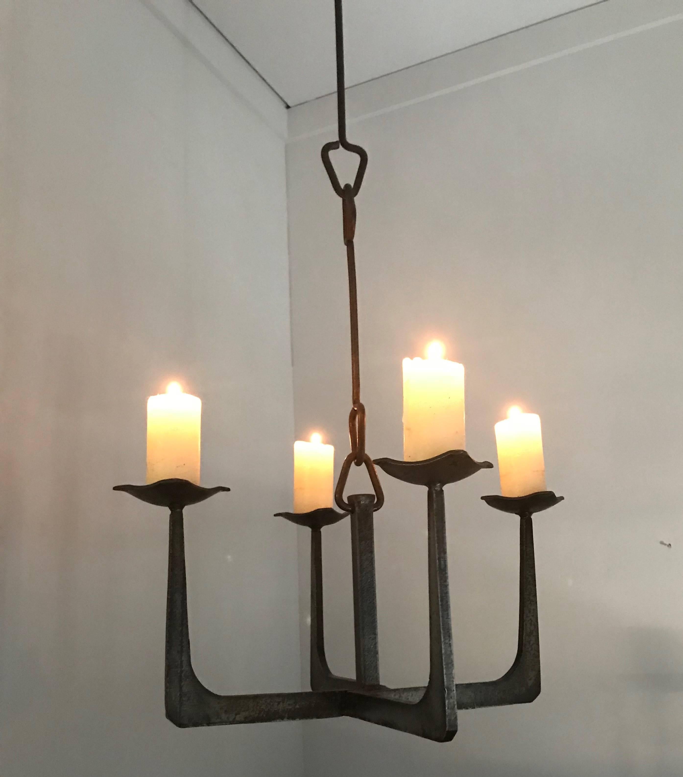 European Early 20th Century Arts & Crafts Wrought Iron Candle Lamp Four Candle Chandelier