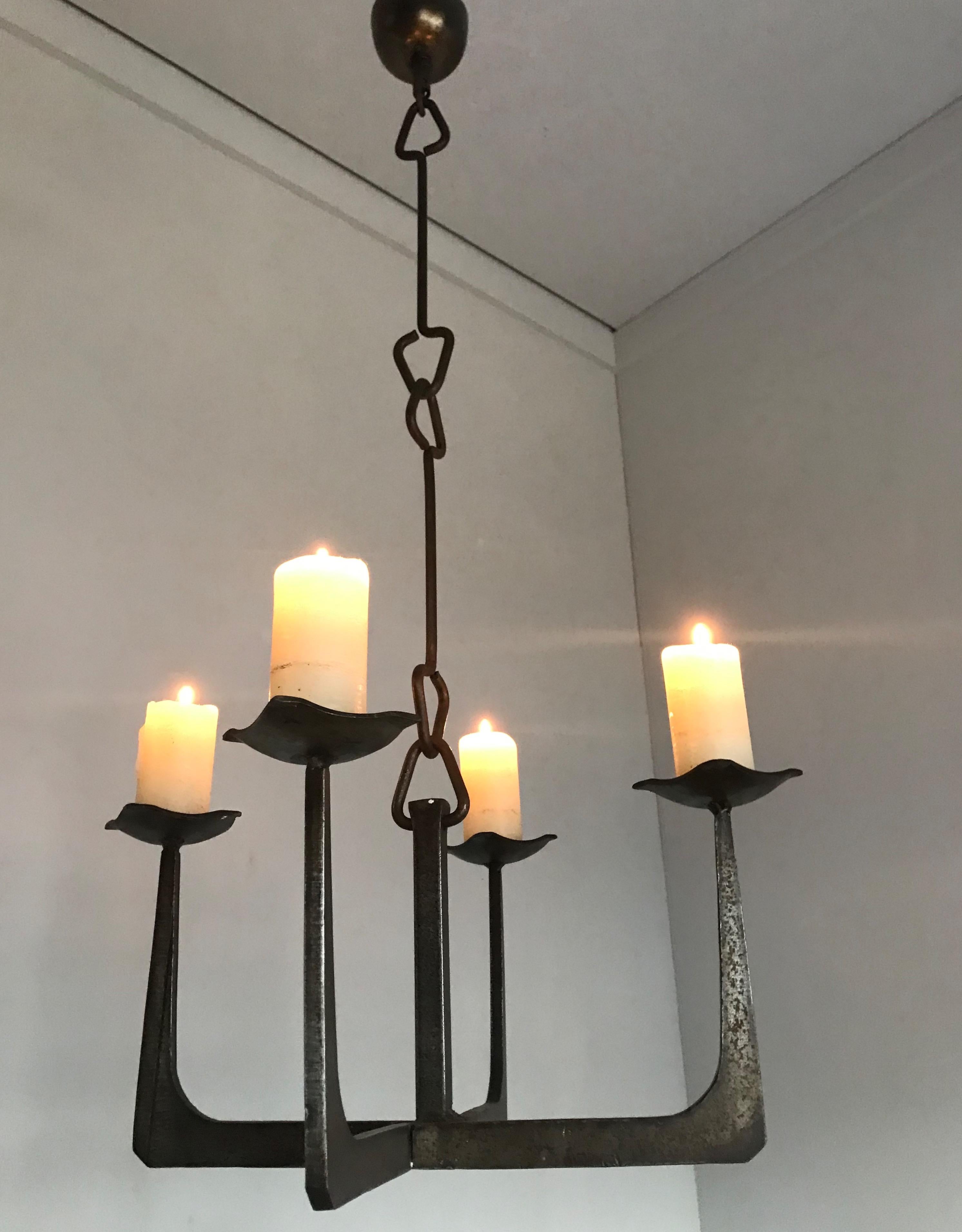 Blackened Early 20th Century Arts & Crafts Wrought Iron Candle Lamp Four Candle Chandelier