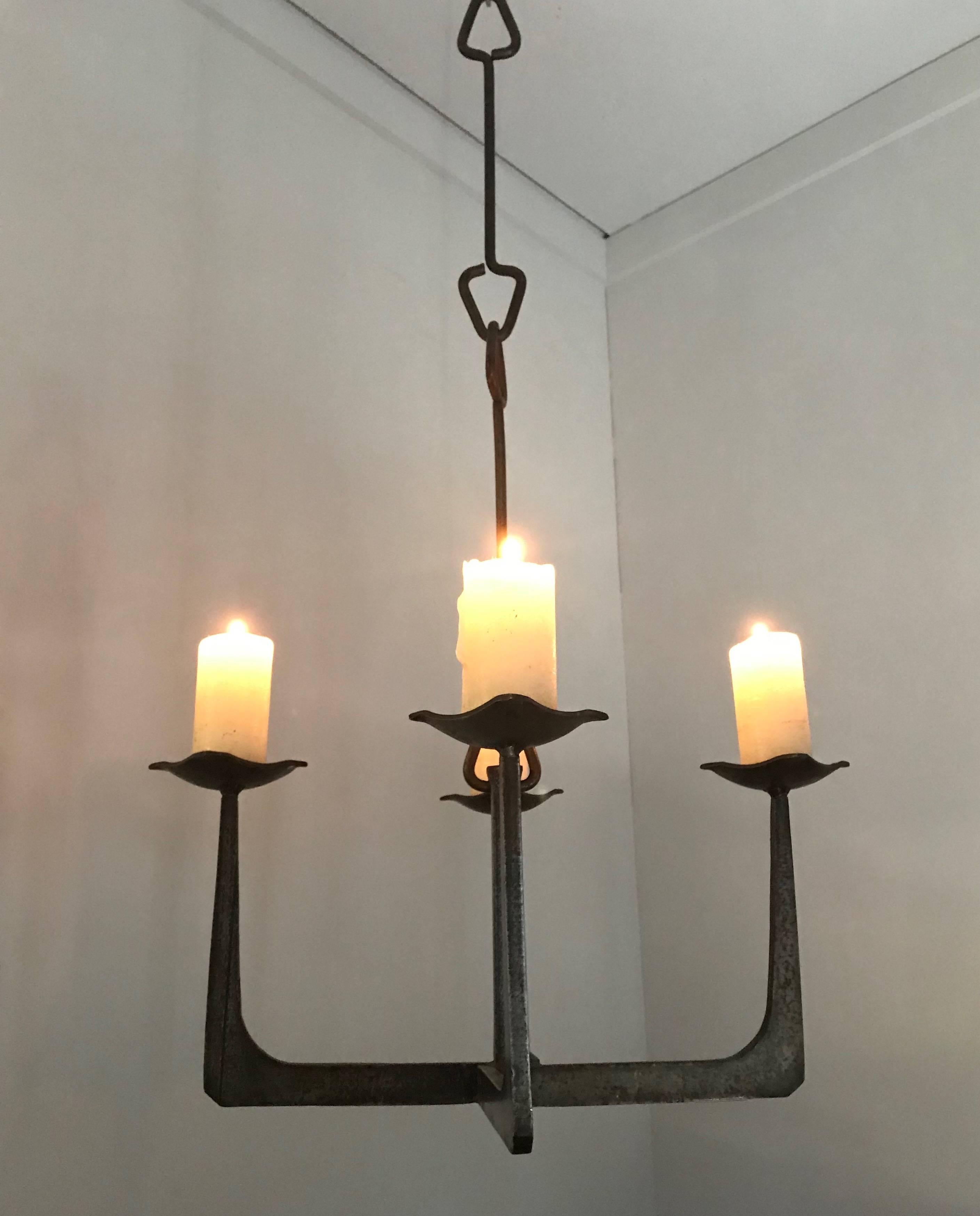 Early 20th Century Arts & Crafts Wrought Iron Candle Lamp Four Candle Chandelier 3