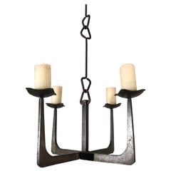 Early 20th Century Arts & Crafts Wrought Iron Candle Lamp Four Candle Chandelier