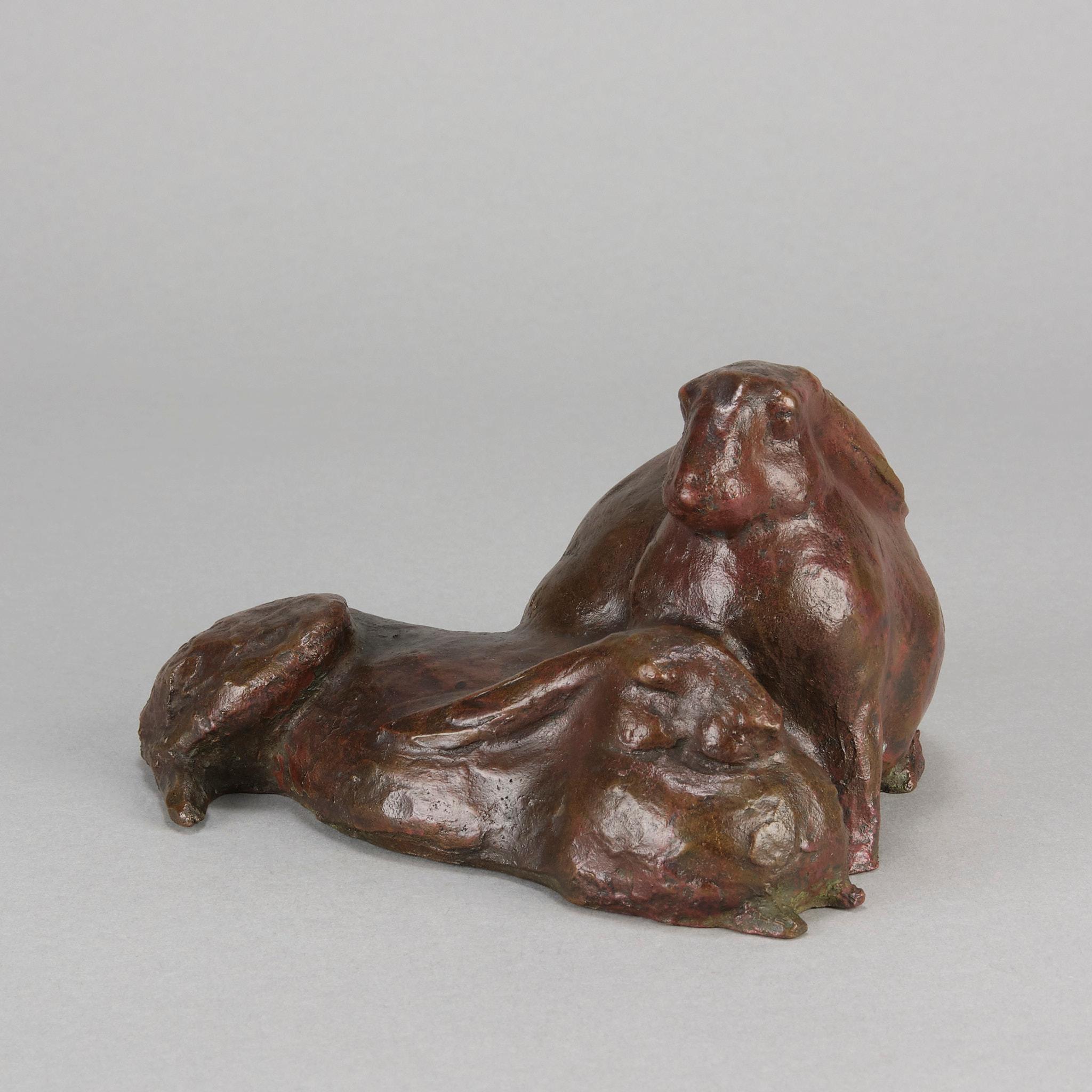 East Asian Early 20th Century Asian Bronze Pair of Rabbits For Sale