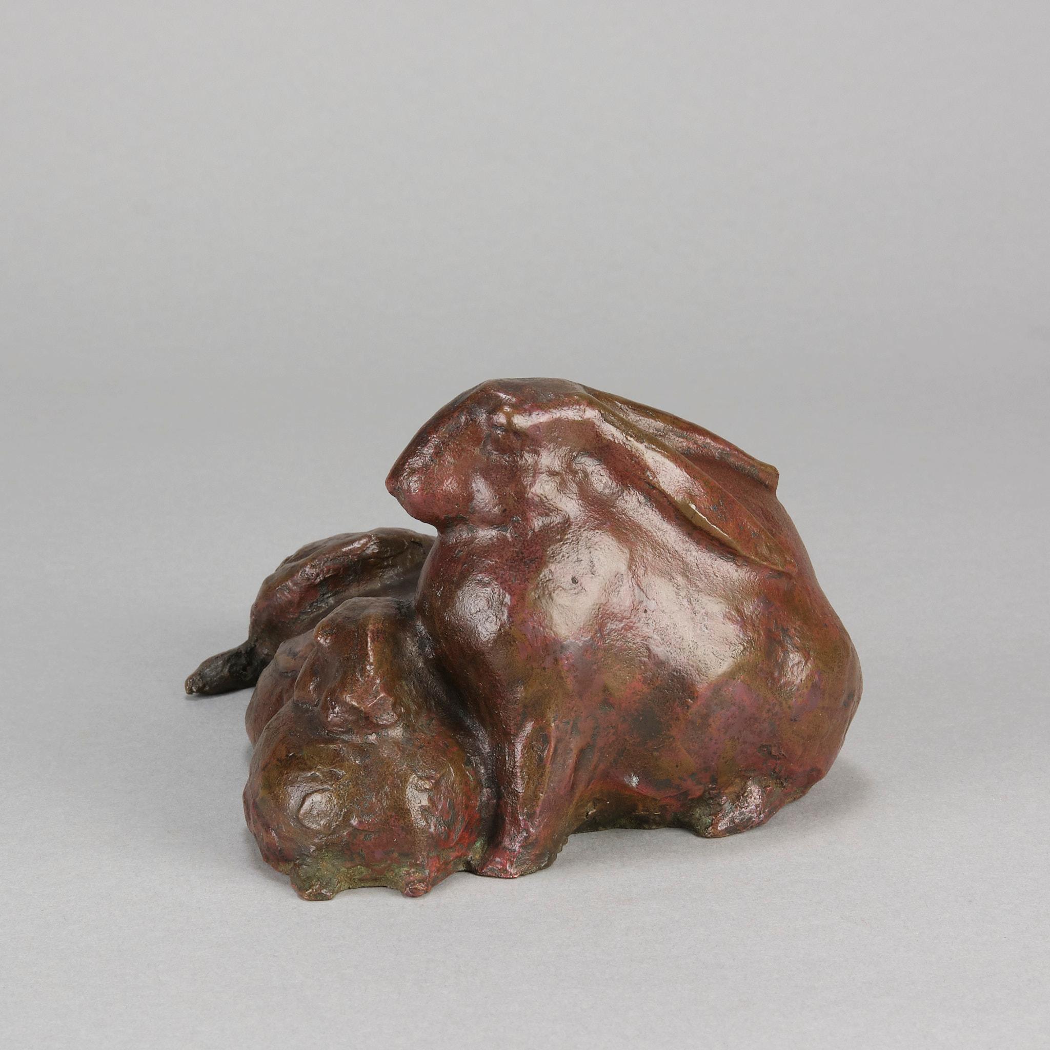 Cast Early 20th Century Asian Bronze Pair of Rabbits For Sale