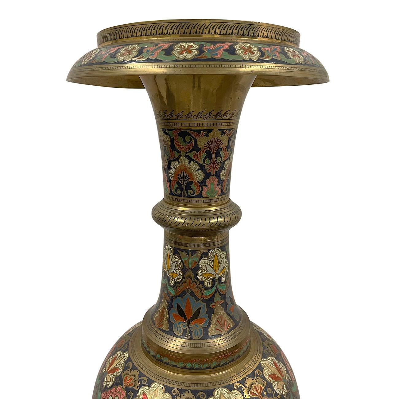 Very Large bronze polychrome enameled floor vases in Arabic style, made from bronze with rich color ornamental geometric and floral patterns. Very heavy, full of patina. From the pictures, you can see a lot of detail bronze carving works with rich