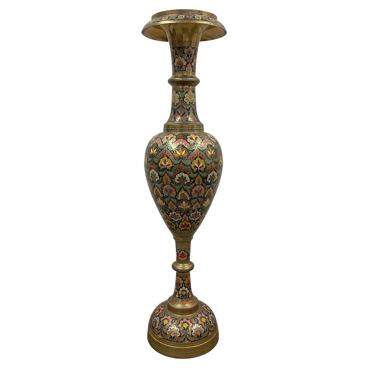 Early 20th Century Asian Bronze Polychrome Enameled Floor Vase For Sale