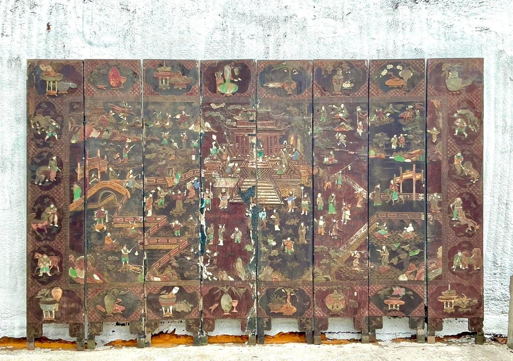 Early 20th Century Asian Distressed 8 Panel Coromandel Screen 5