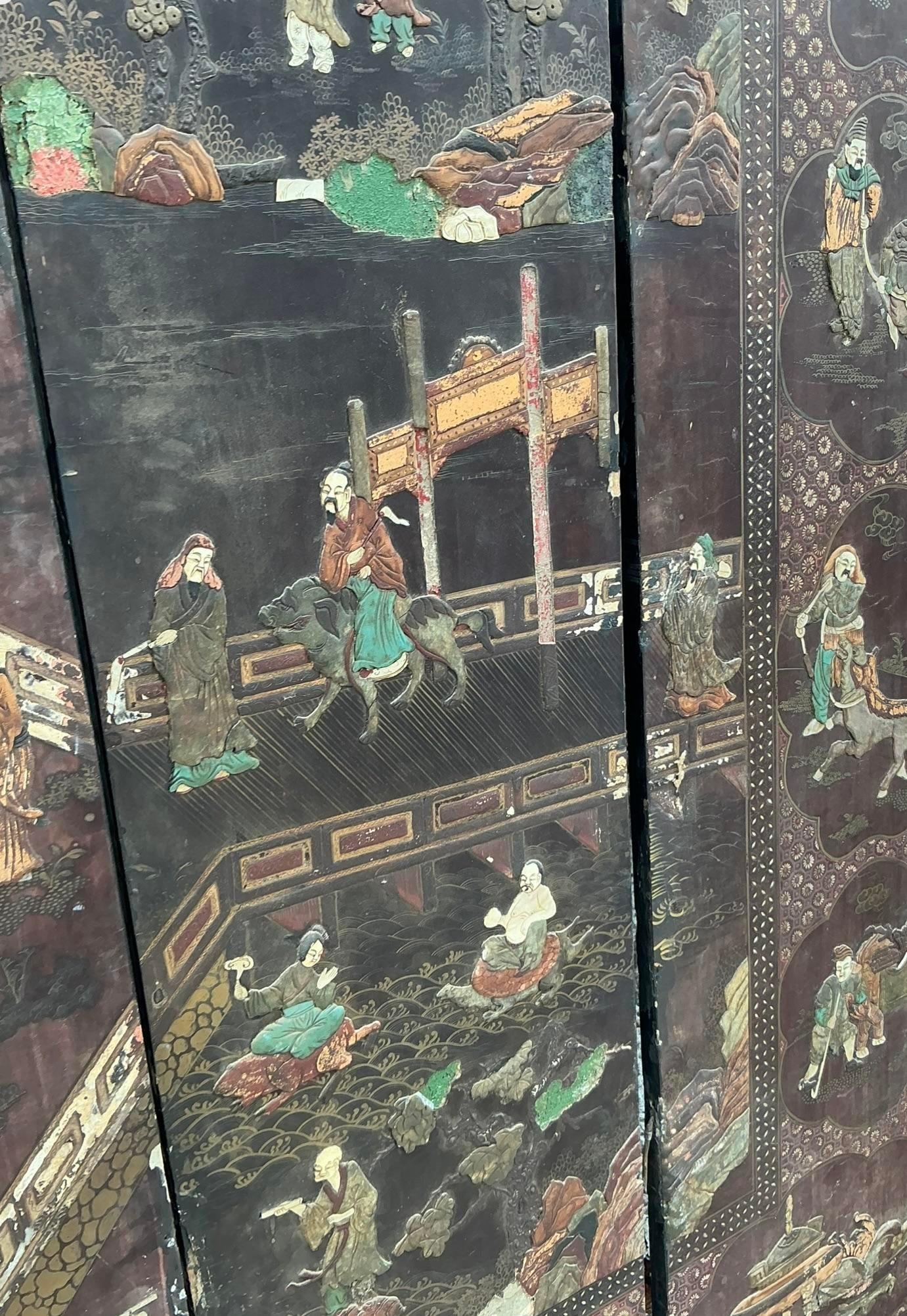 Early 20th Century Asian Distressed 8 Panel Coromandel Screen 6
