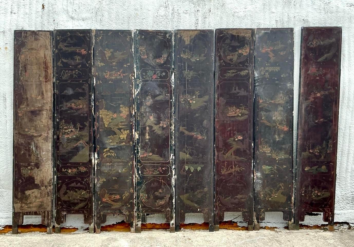 Canvas Early 20th Century Asian Distressed 8 Panel Coromandel Screen