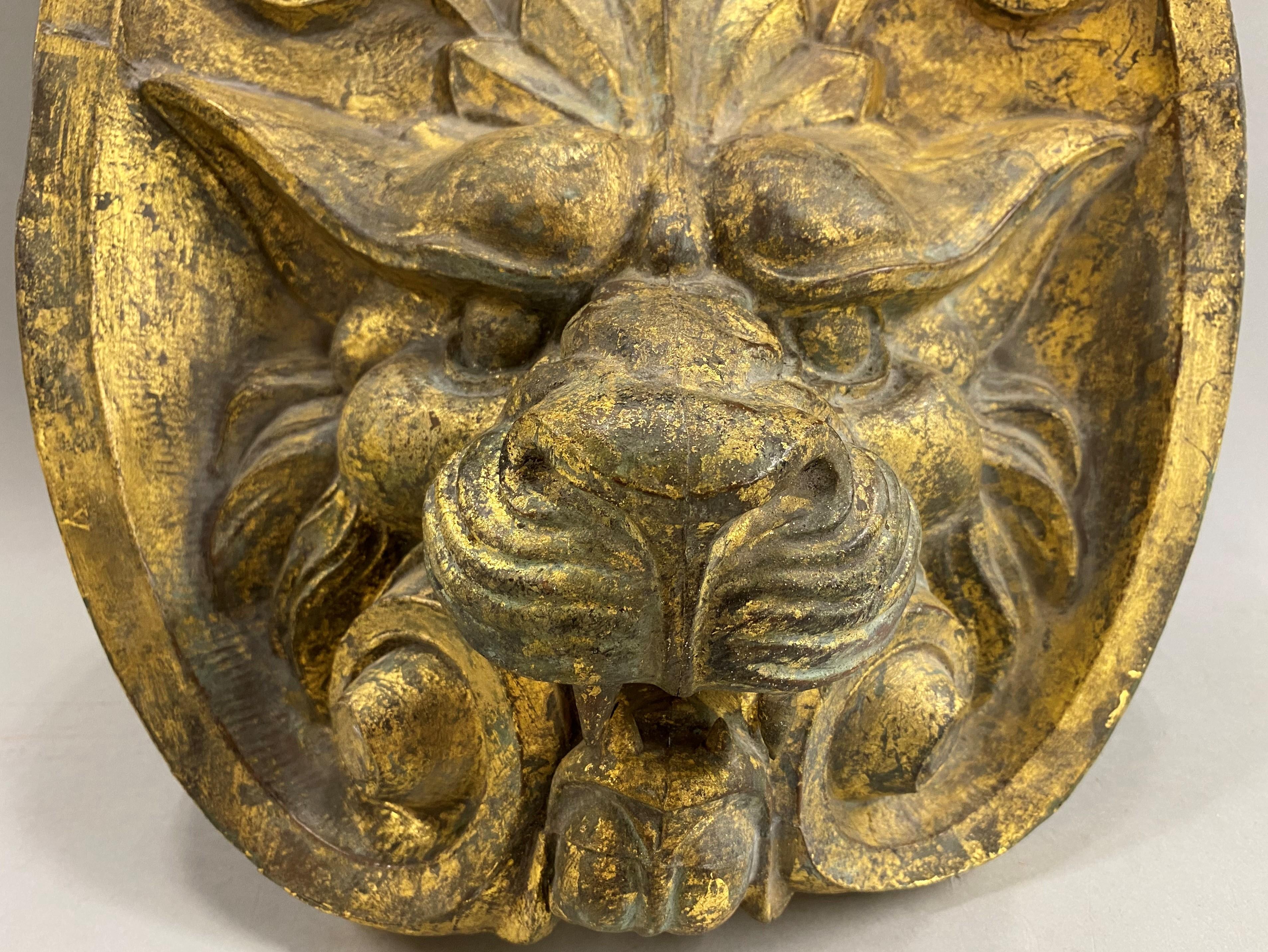 Gilt Early 20th Century Asian Gilded Copper Relief Lion’s Head For Sale