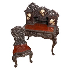 Early 20th Century Asian Hand Carved Desk with Applied Flower Motif and Chair