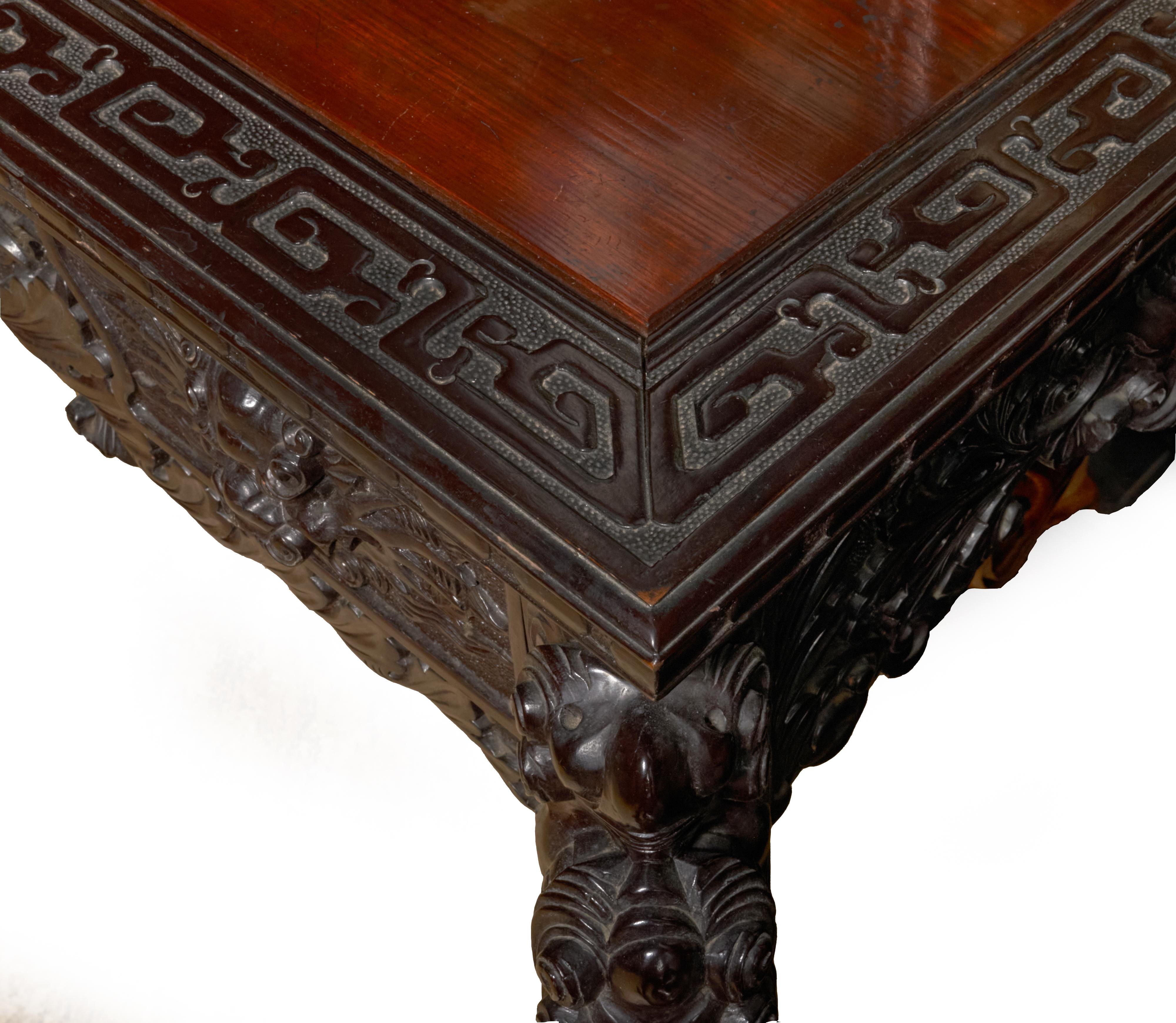 Chinese Early 20th Century Asian Hand Carved Desk with Applied Flower Motif and Chair