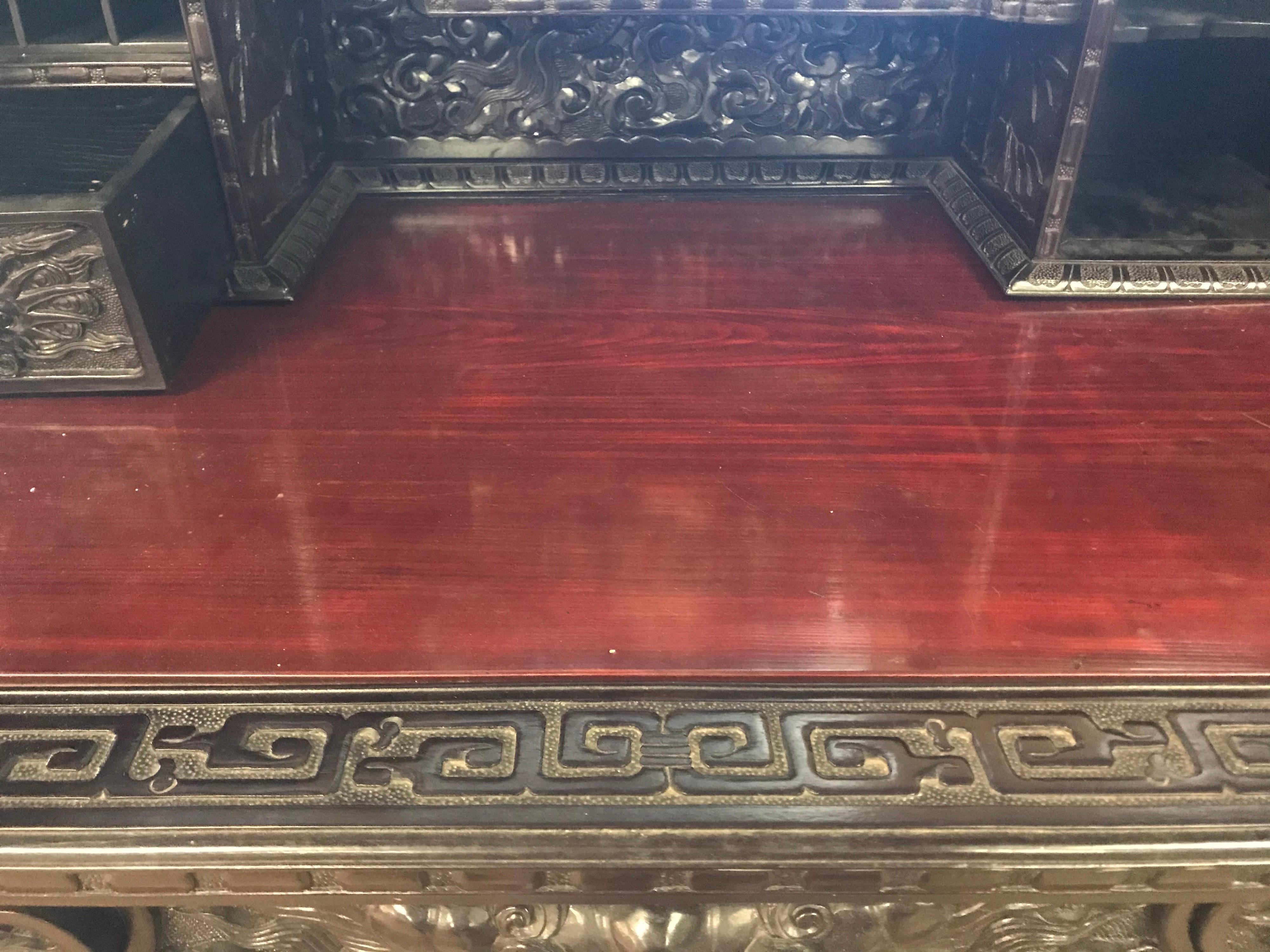 Early 20th Century Asian Hand Carved Desk with Applied Flower Motif and Chair In Good Condition In Plymouth, MA
