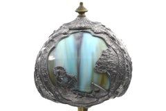 Early 20th Century Asian Motif Slag Glass Panel Metal Salem Bros Table Lamp