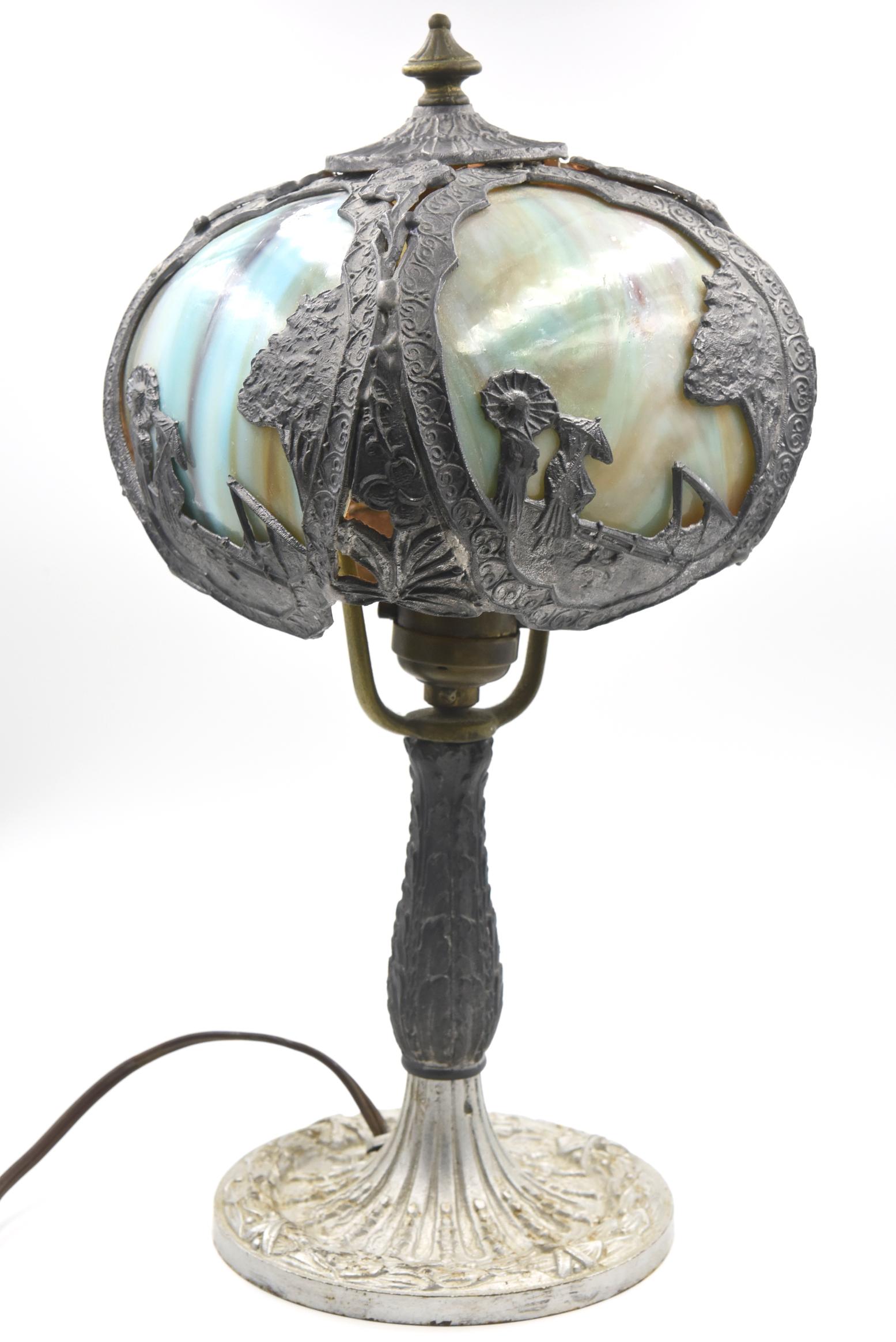 Early 20th Century Asian Motif Slag Glass Panel Metal Salem Bros Table Lamp 1