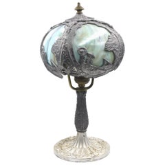 Early 20th Century Asian Motif Slag Glass Panel Metal Salem Bros Table Lamp