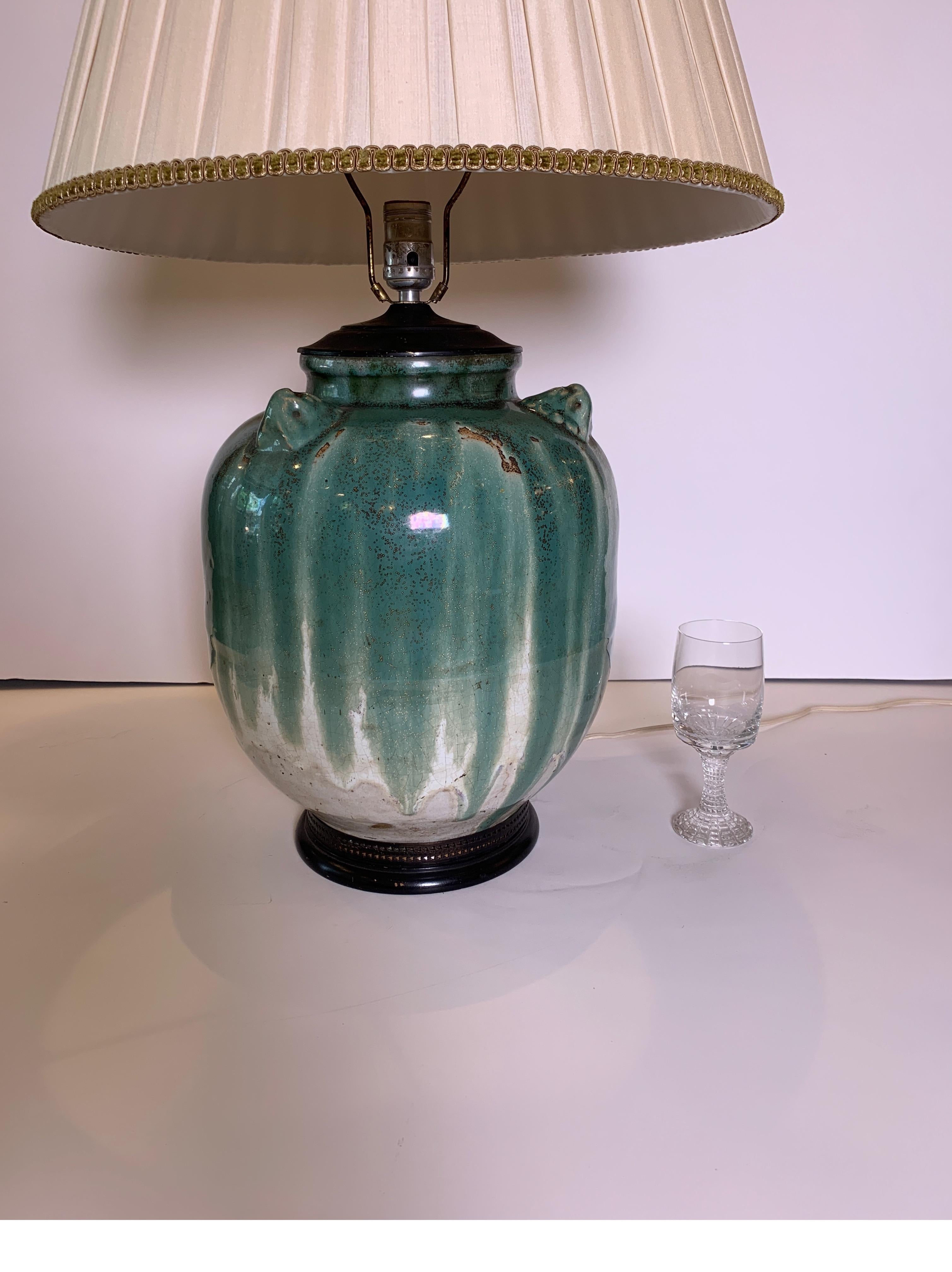 Early 20th Century Asian Pottery Vase Table Lamp In Good Condition In Lambertville, NJ