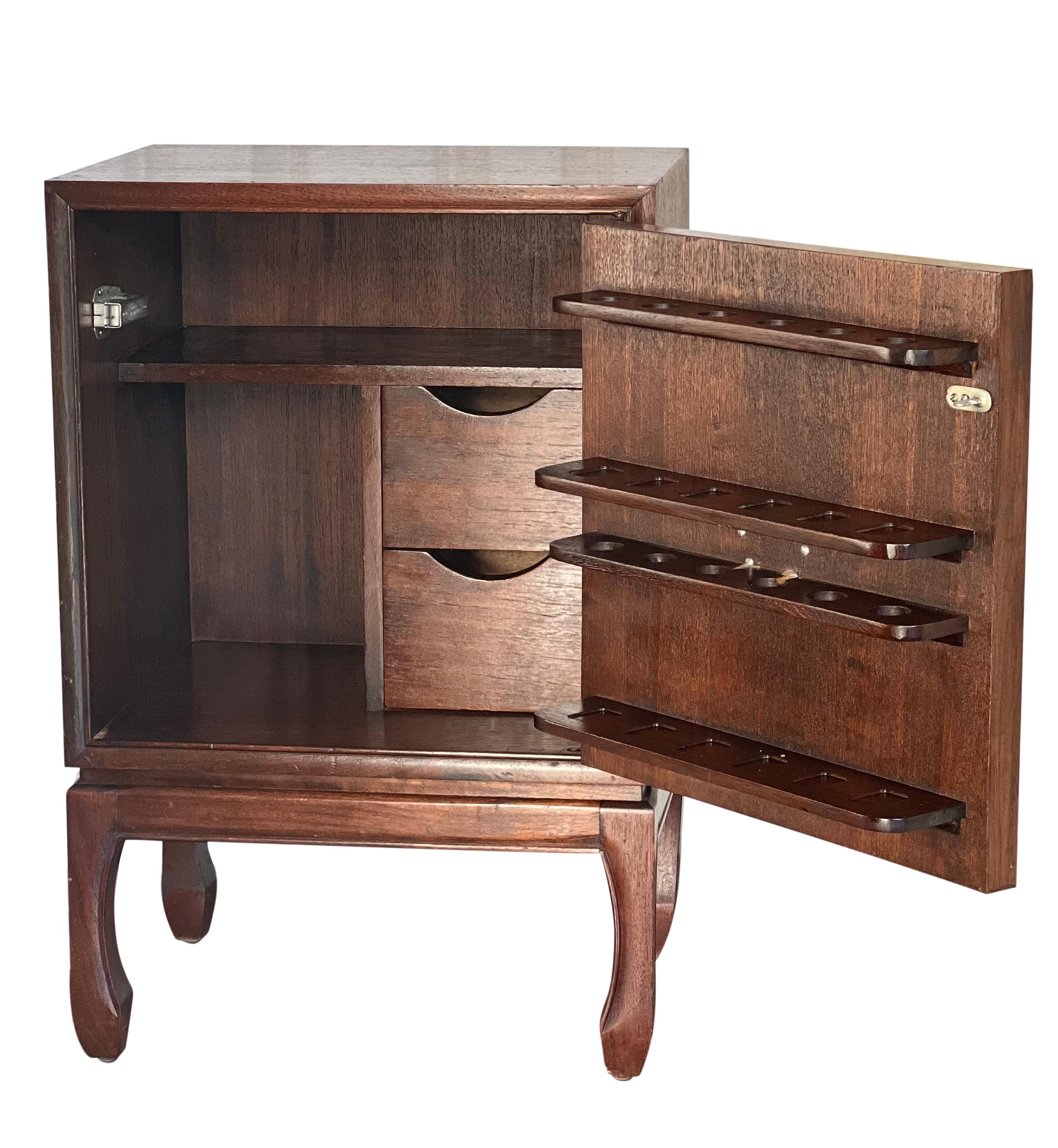 Asian style petite pipe and tobacco cabinet, early 20th century.

This Ming style cabinet features a single tiger maple panel door with original Feng Shui brass medallion hardware, a finished back and a touch latch mechanism (push to open, push to