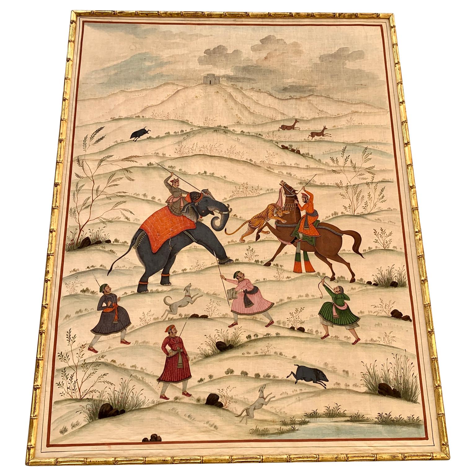 Hand-Painted Early 20th Century Asian Tiger Hunt Silk Painting