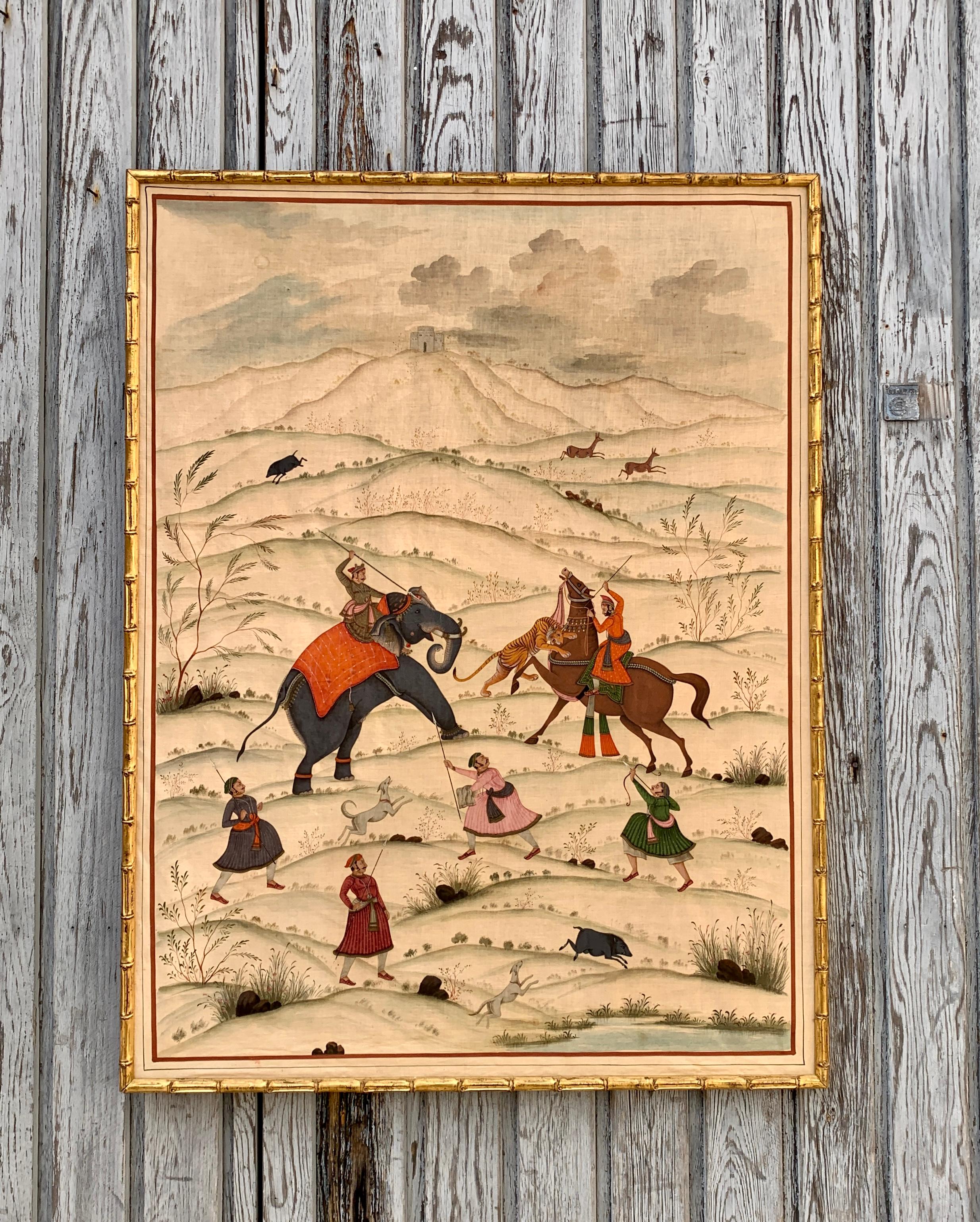 Early 20th Century Asian Tiger Hunt Silk Painting In Good Condition In Haddonfield, NJ