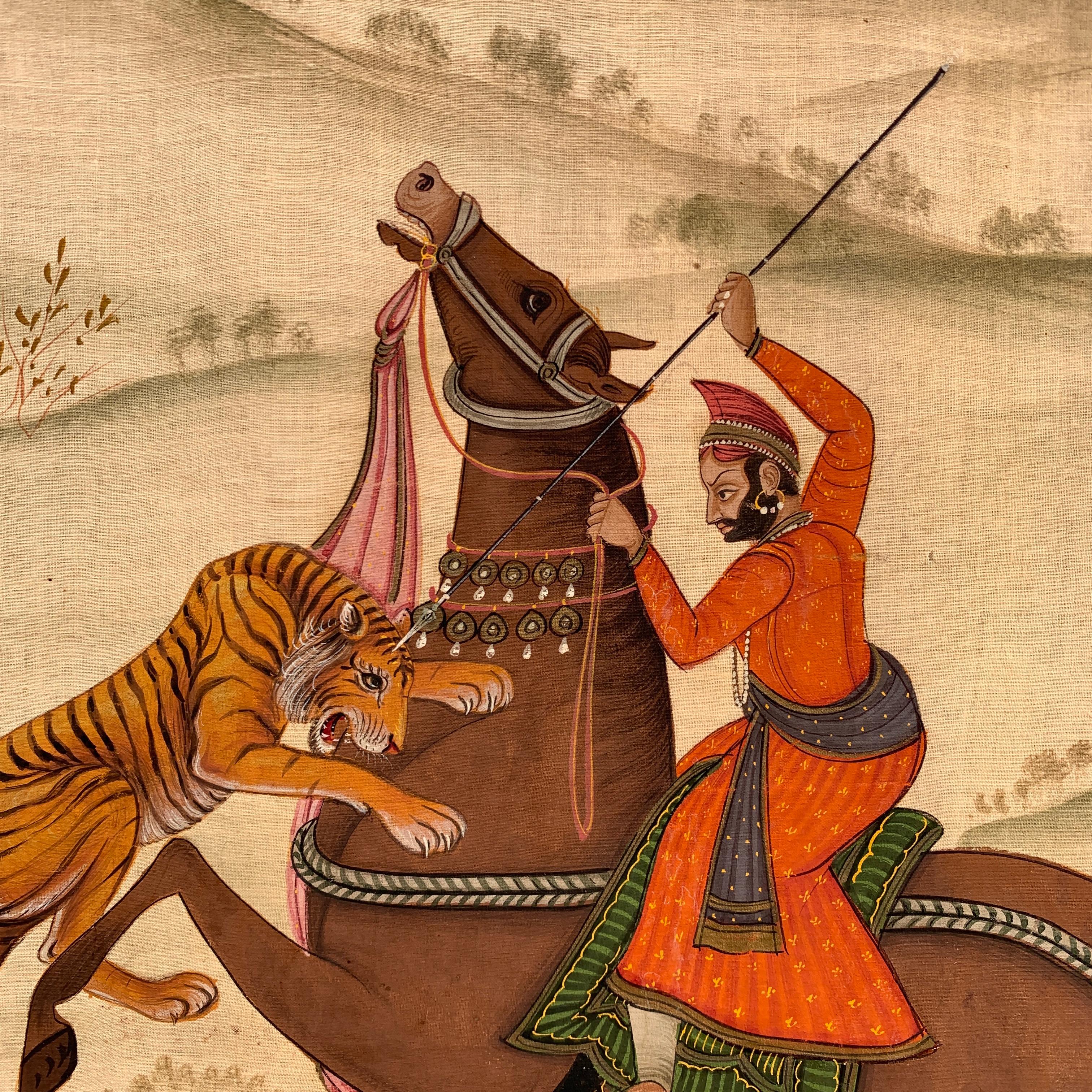 Wood Early 20th Century Asian Tiger Hunt Silk Painting