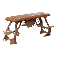 Early 20th Century Austrian Black Forest Antler Bench with Leather Seat