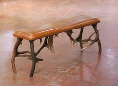 Panca Lodge in corno di Black Forest austriaca dei primi del Novecento con seduta in pelle