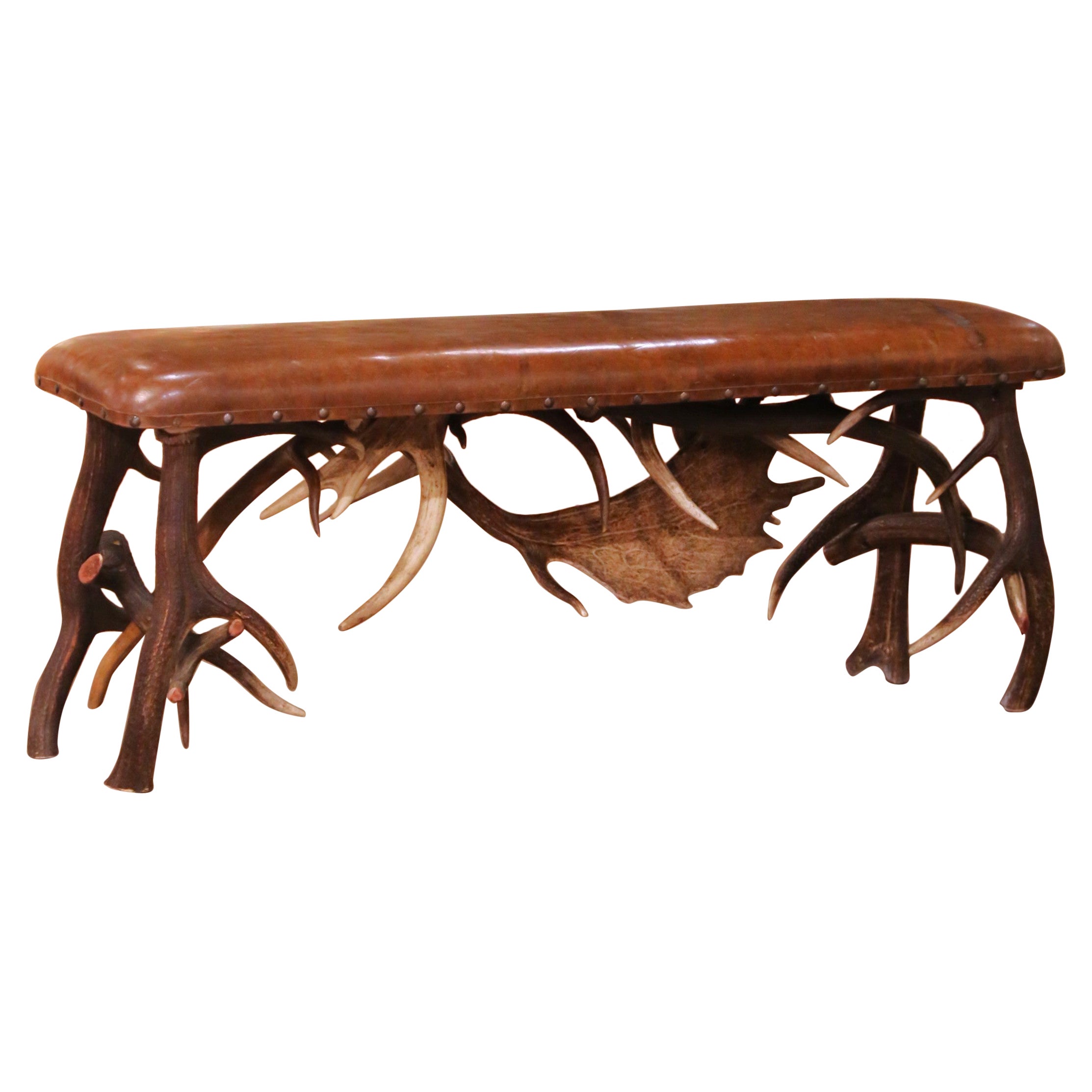 Early 20th Century Austrian Black Forest Antler Lodge Bench with Leather Seat For Sale
