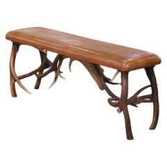 Early 20th Century Austrian Black Forest Antler Lodge Bench with Leather Seat