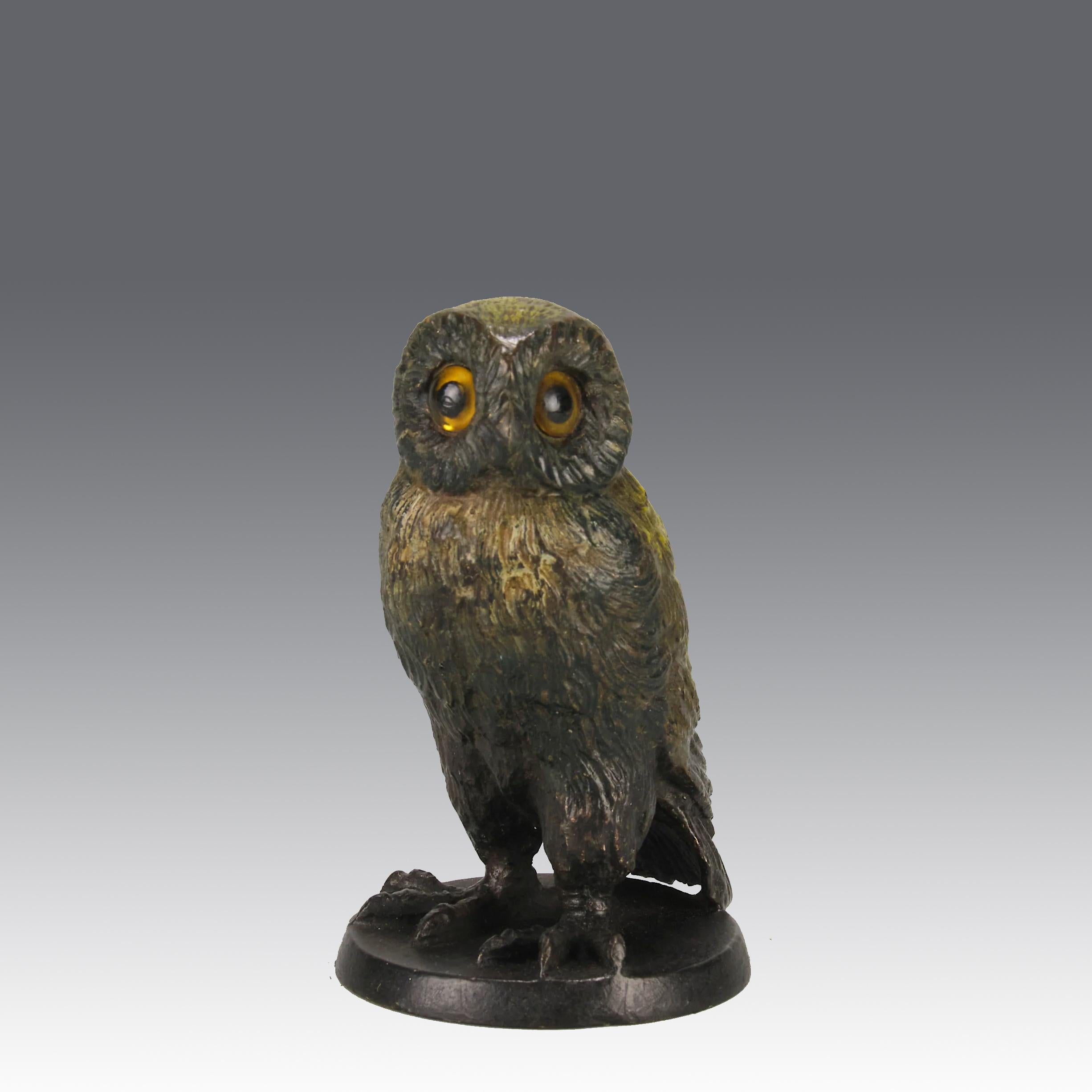 A very fine early 20th Century Austrian bronze figure of a barn owl standing on an integral bronze plinth. The bronze study with glass eyes exhibting excellent hand chased surface detail and good cold painted colours

ADDITIONAL INFORMATION
Height: 