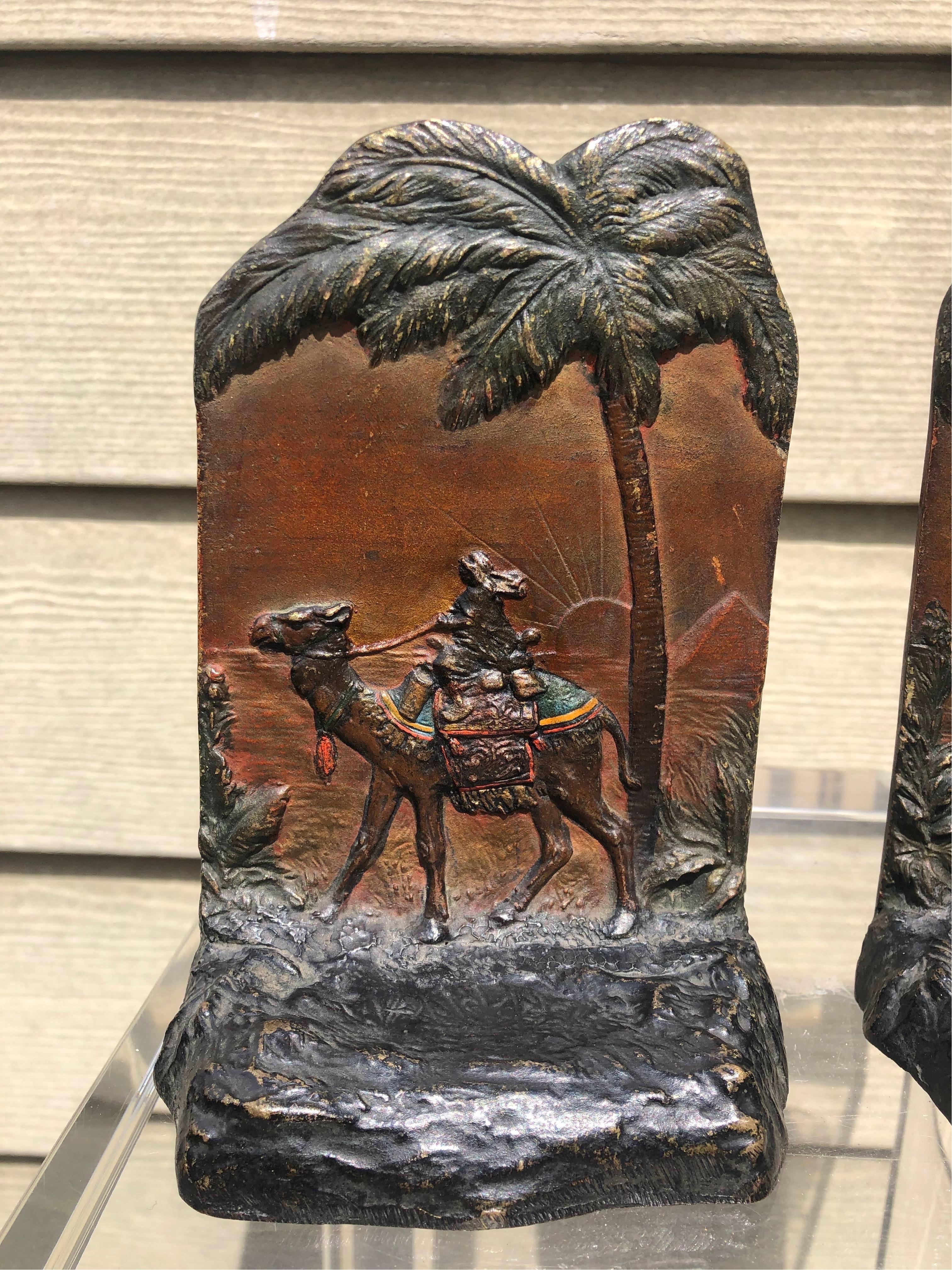 Early 20th Century Austrian Polychrome Bookends with Egyptian Scene In Good Condition For Sale In Charleston, SC