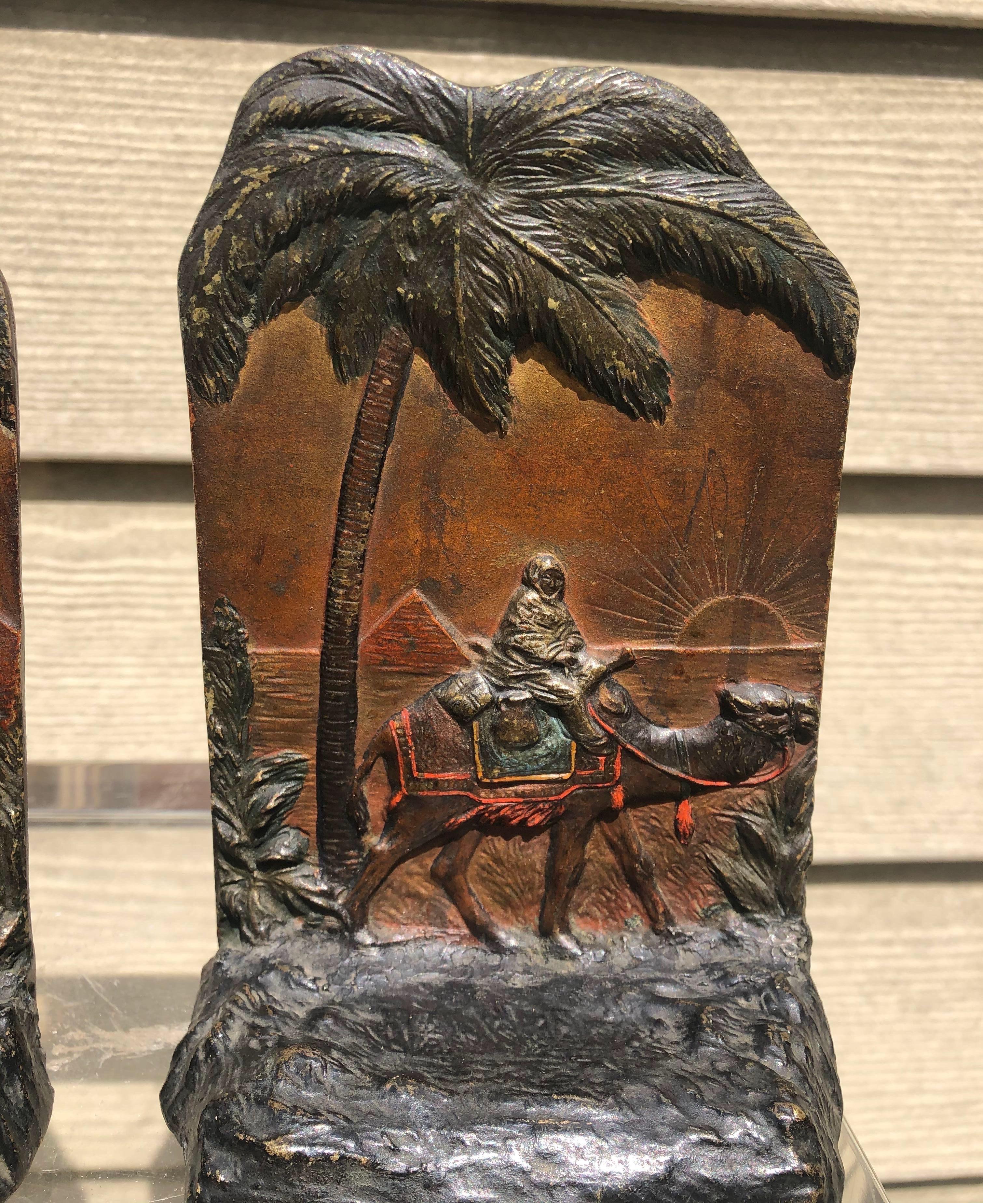 Bronze Early 20th Century Austrian Polychrome Bookends with Egyptian Scene For Sale