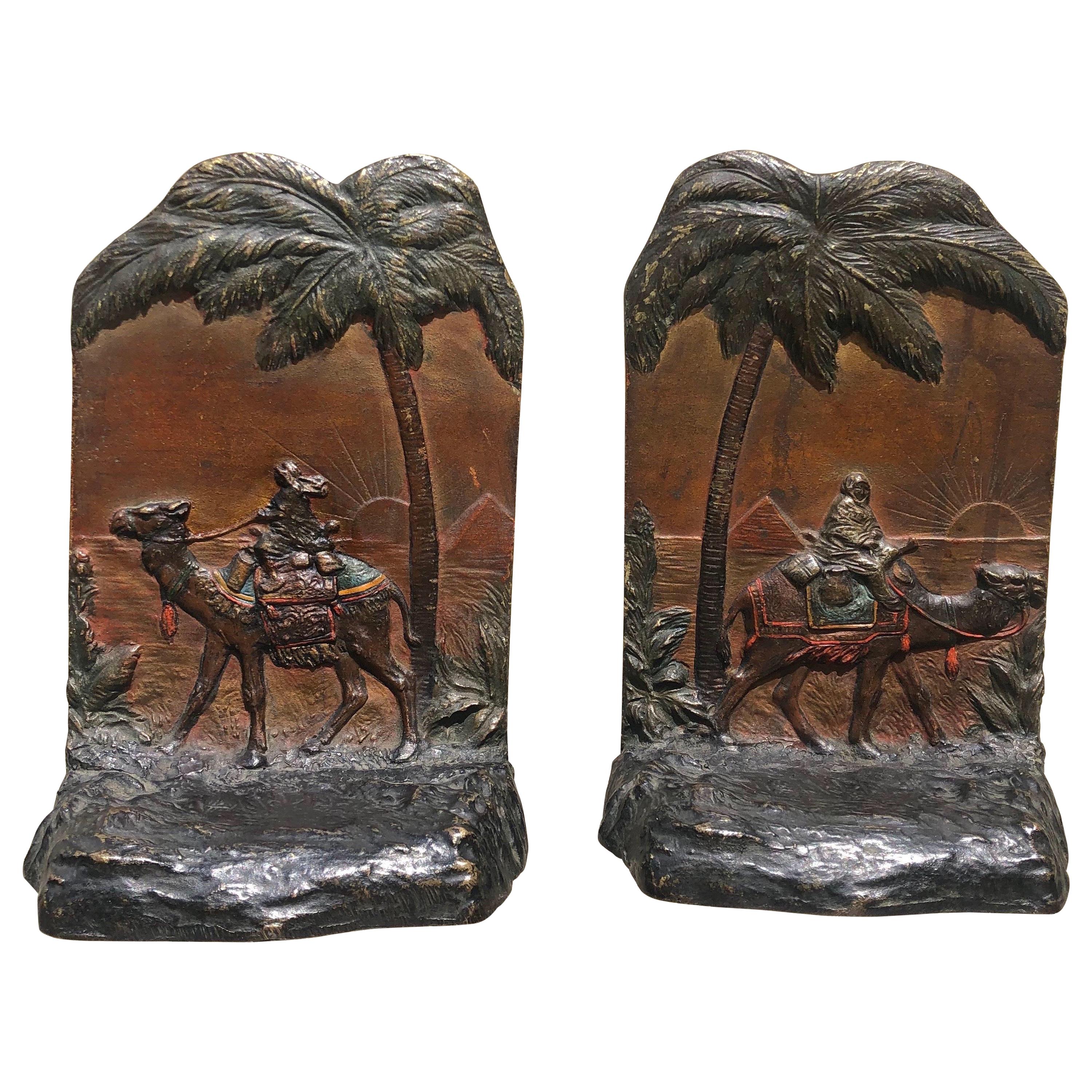 Early 20th Century Austrian Polychrome Bookends with Egyptian Scene