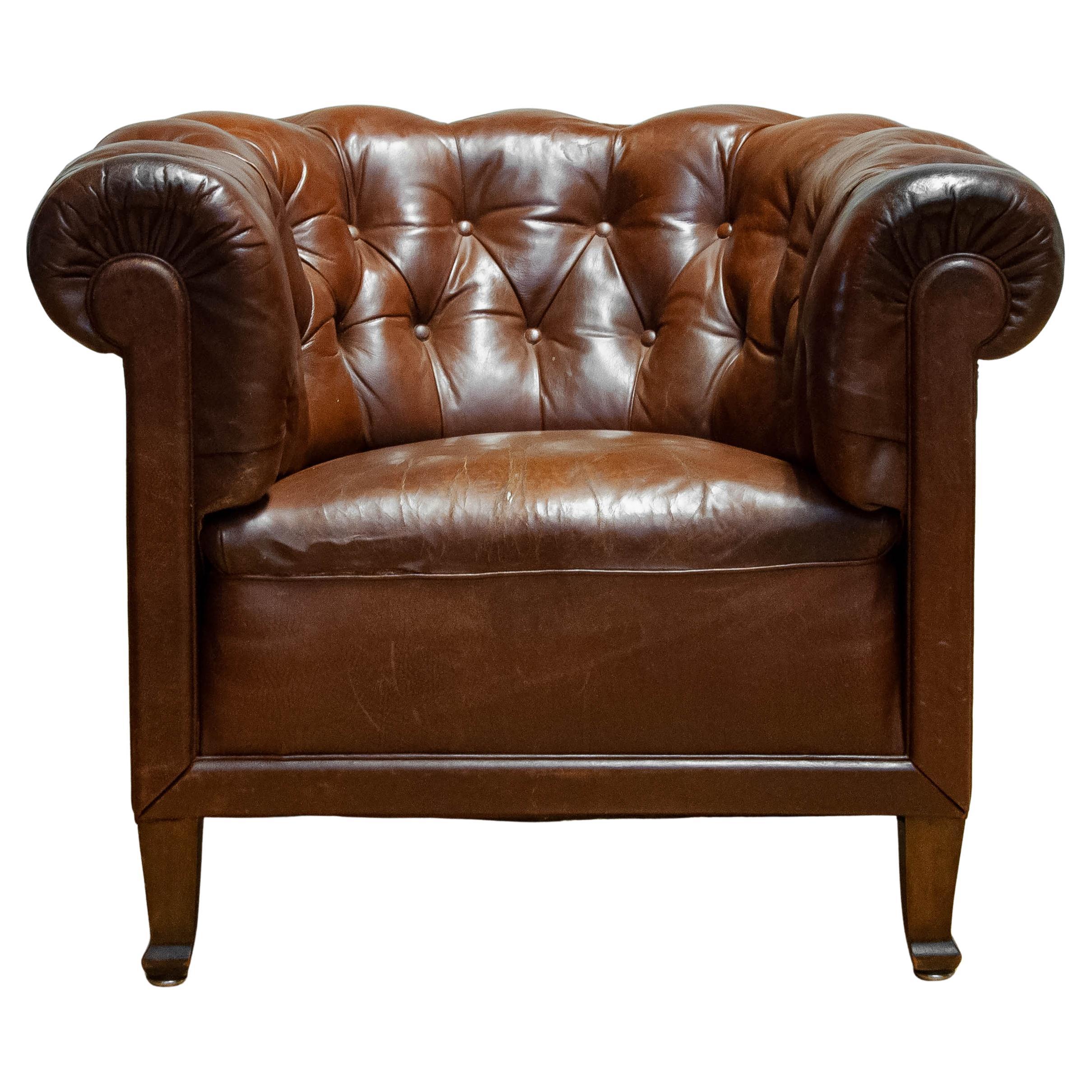 Early 20th Century Authentic Swedish Chesterfield Patinated Tan Brown Leather