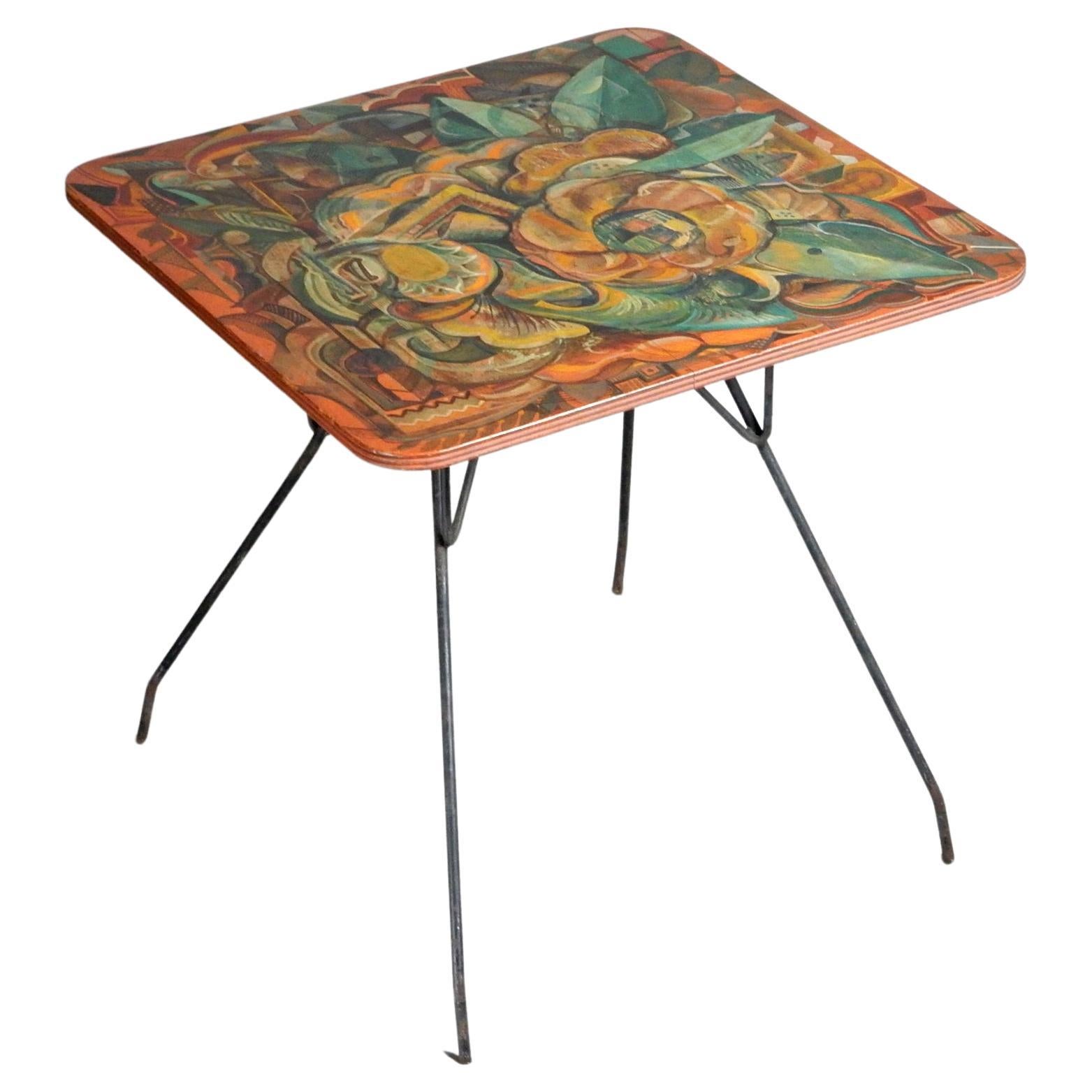  Early 20th-Century Avant-Garde Painted Table with Mexican Muralism Painting For Sale 3