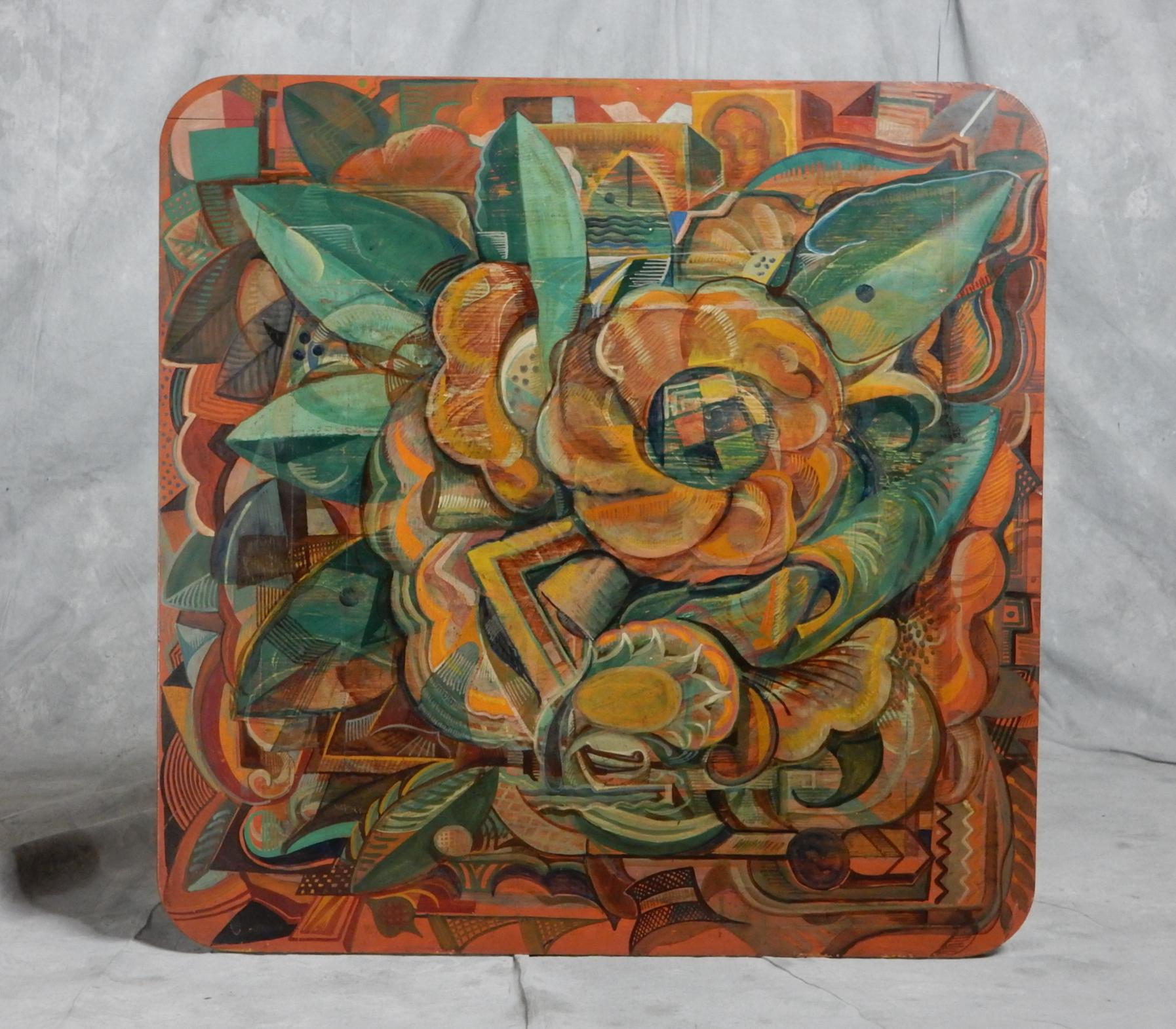 A spectacular example of early Mexican Muralism, 
condensed onto a plywood kitchen tabletop and joined with 
iron legs set in rhythm with the painted artwork itself.
An exceptional piece of functional art. Circa 1920's, not signed.

This will be