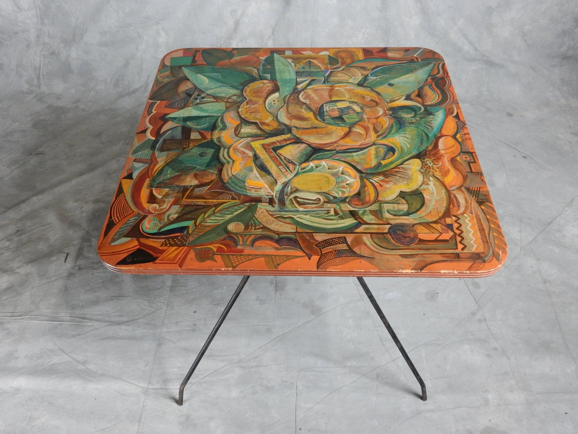 Art Deco  Early 20th-Century Avant-Garde Painted Table with Mexican Muralism Painting For Sale