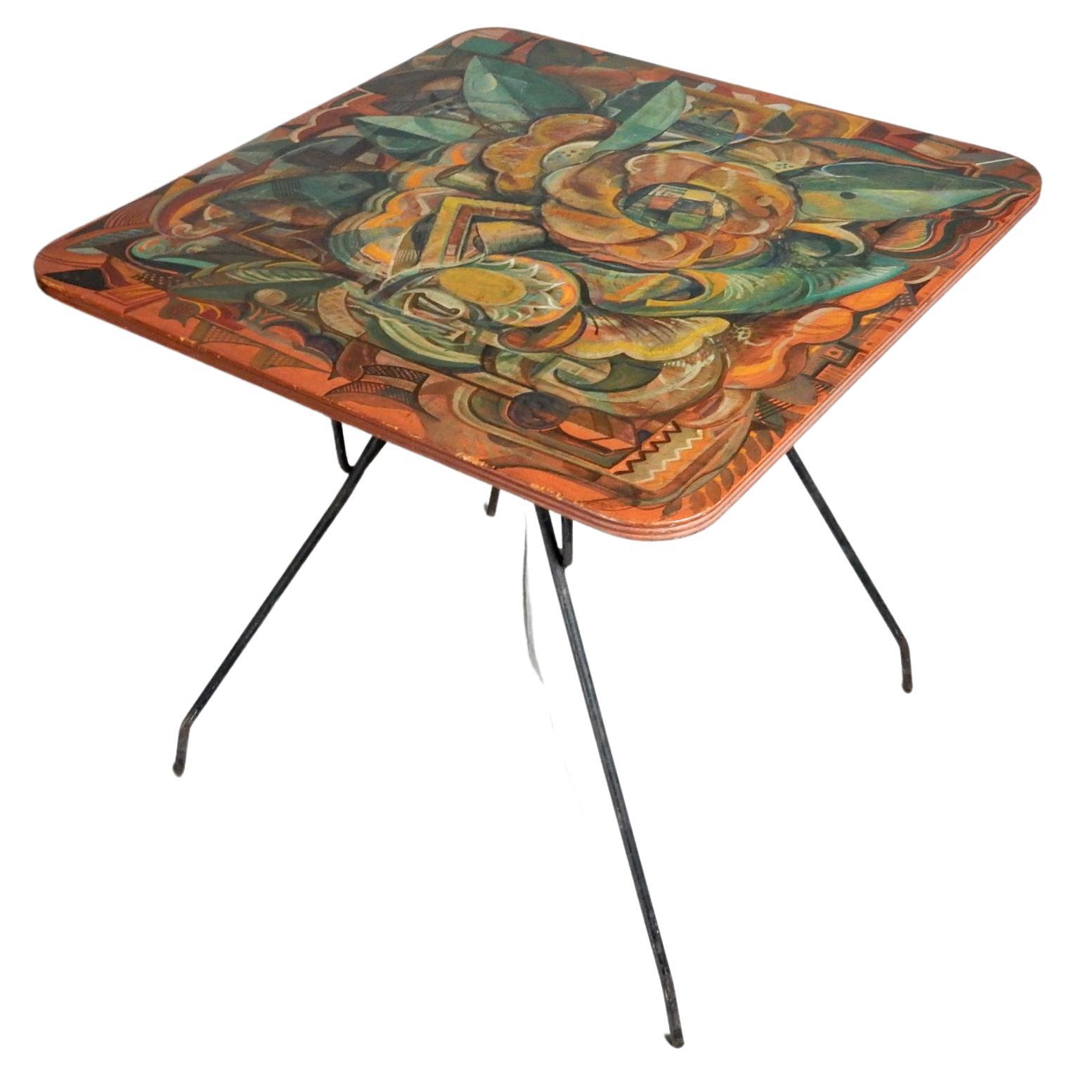  Early 20th-Century Avant-Garde Painted Table with Mexican Muralism Painting For Sale