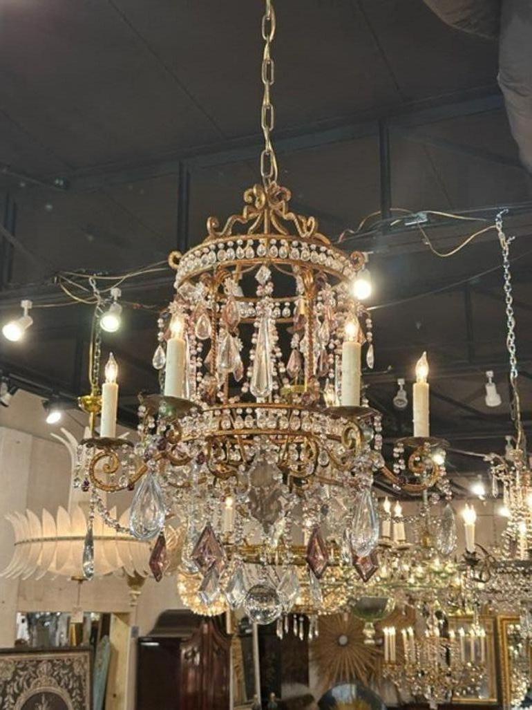 French Early 20th Century Bagues Manner Birdcage Form Chandelier For Sale