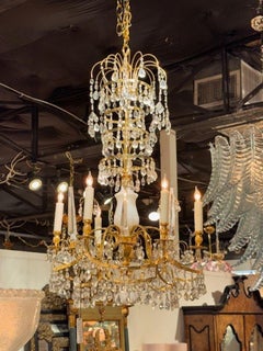 Early 20th Century Baltic Gilt Brass and Milk Glass Chandelier with 6 Lights
