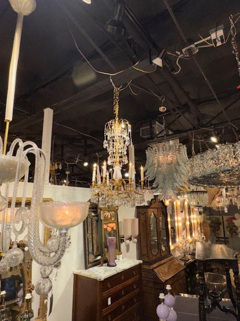 European Early 20th Century Baltic Gilt Brass and Milk Glass Chandelier with 6 Lights For Sale