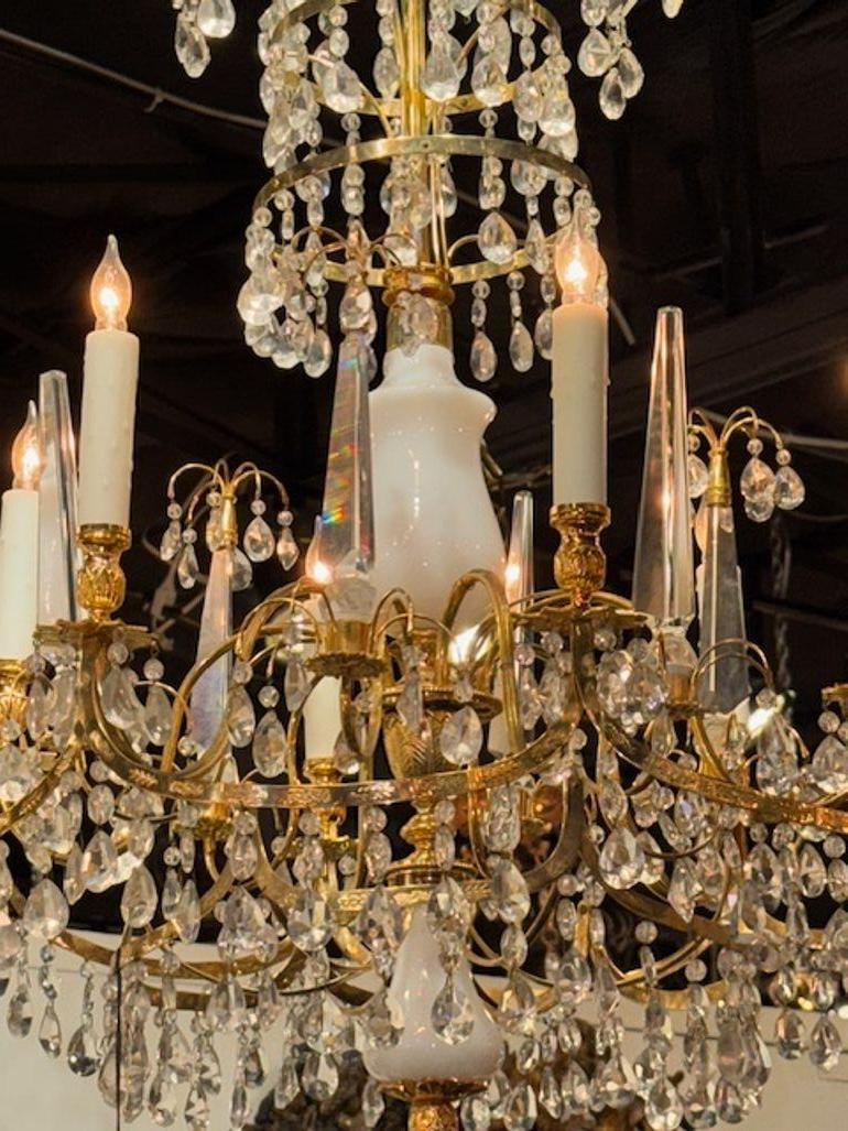 Early 20th Century Baltic Gilt Brass and Milk Glass Chandelier with 6 Lights In Good Condition For Sale In Dallas, TX
