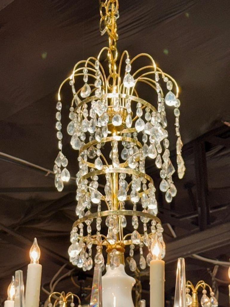 Bronze Early 20th Century Baltic Gilt Brass and Milk Glass Chandelier with 6 Lights For Sale