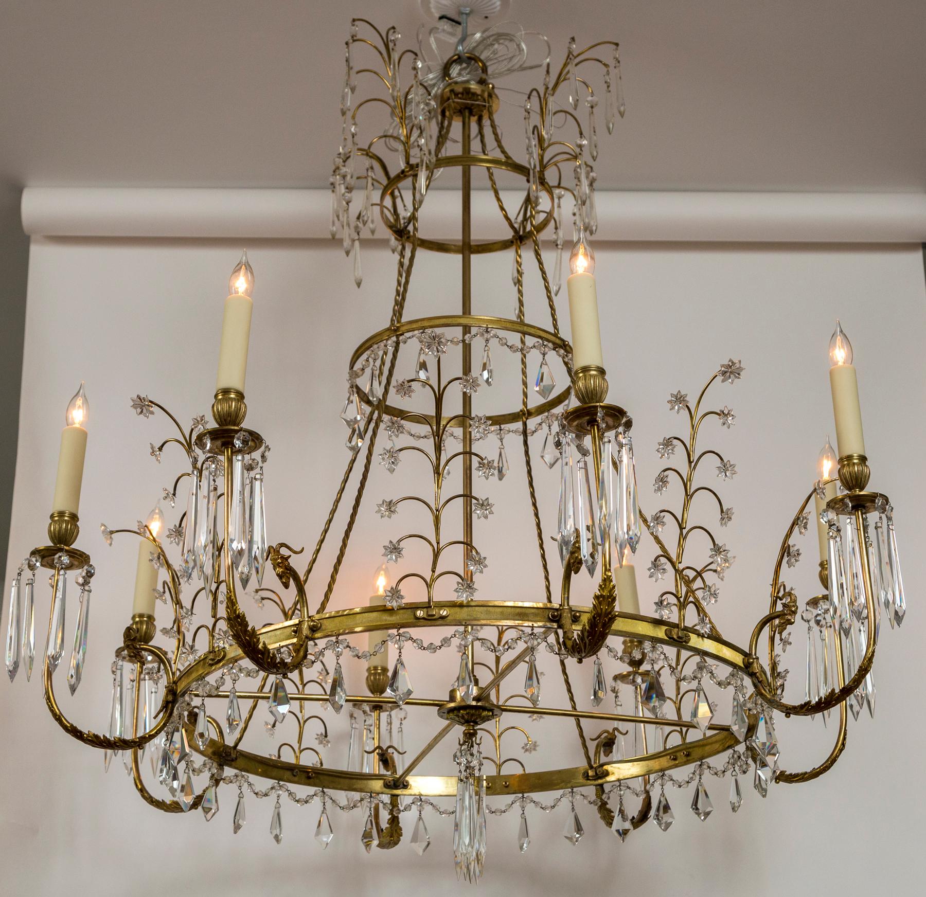 Early 20th Century Baltic Russian Neoclassical Brass and Crystal Chandelier For Sale 7