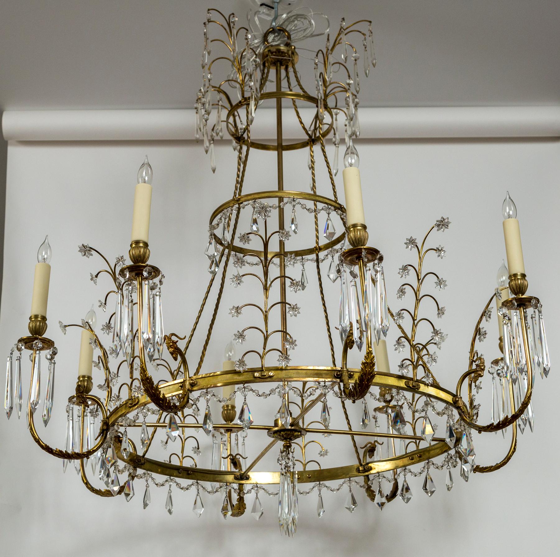 Early 20th Century Baltic Russian Neoclassical Brass and Crystal Chandelier For Sale 8
