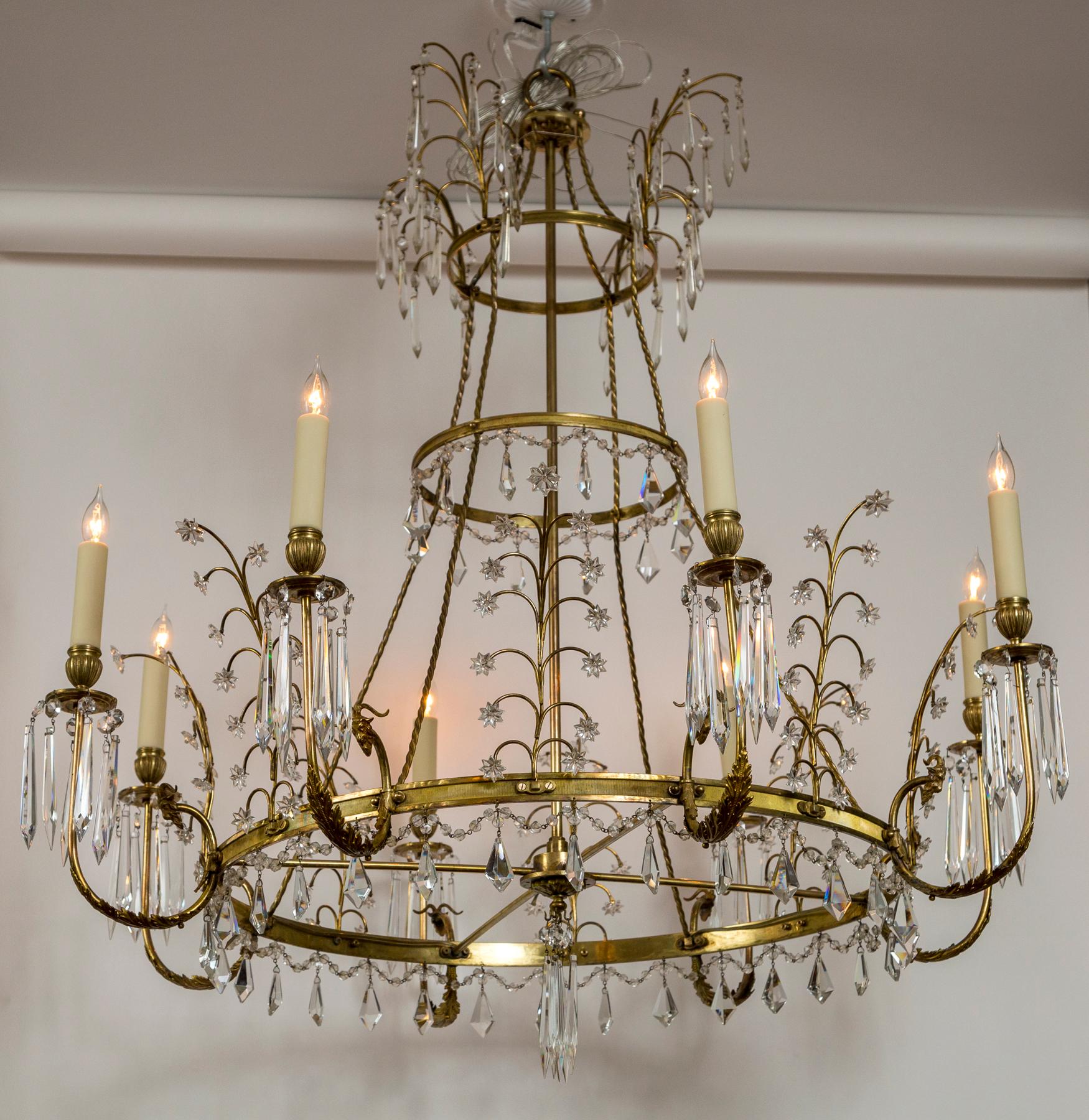 Early 20th Century Baltic Russian Neoclassical Brass and Crystal Chandelier For Sale 9