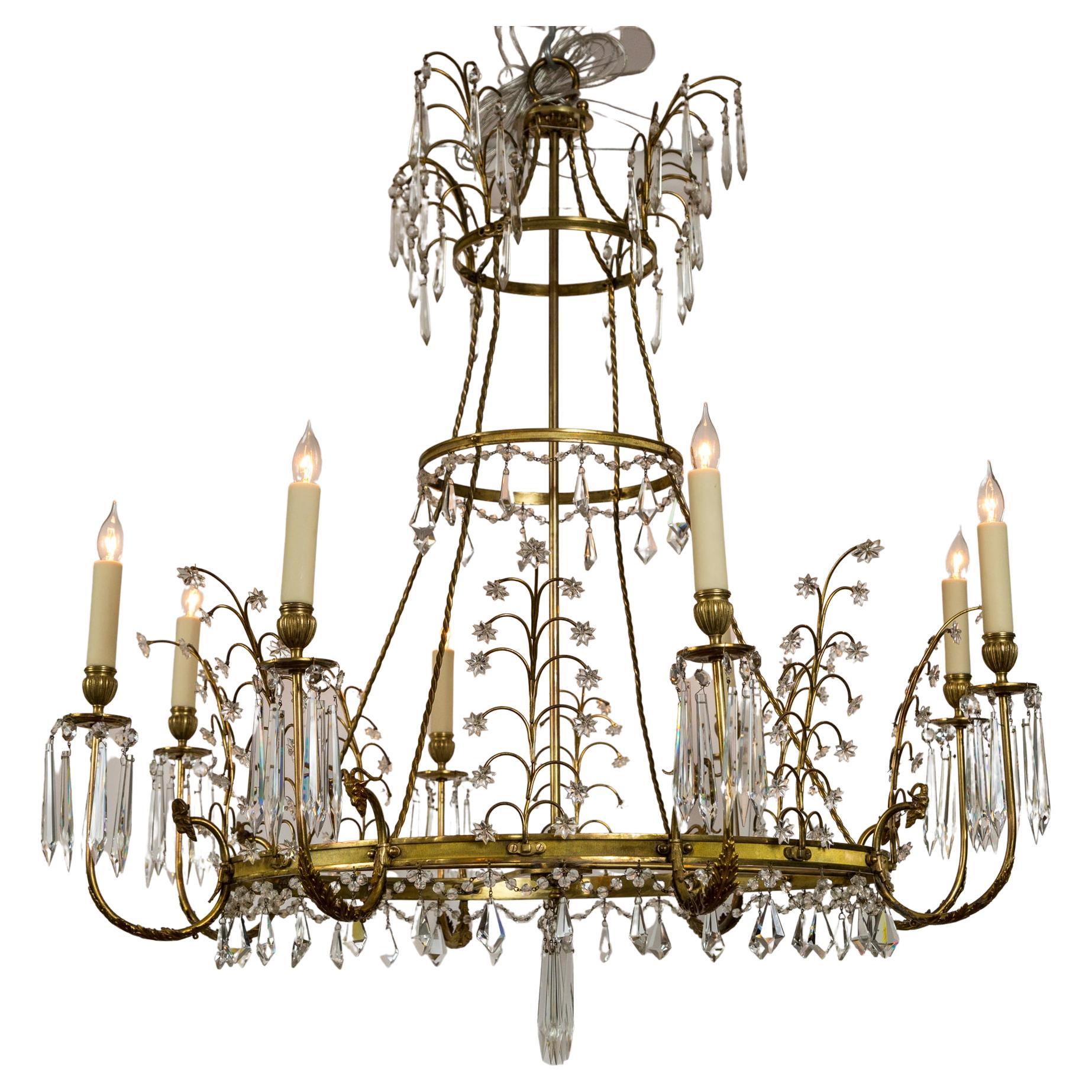 Neoclassical Revival Early 20th Century Baltic Russian Neoclassical Brass and Crystal Chandelier For Sale