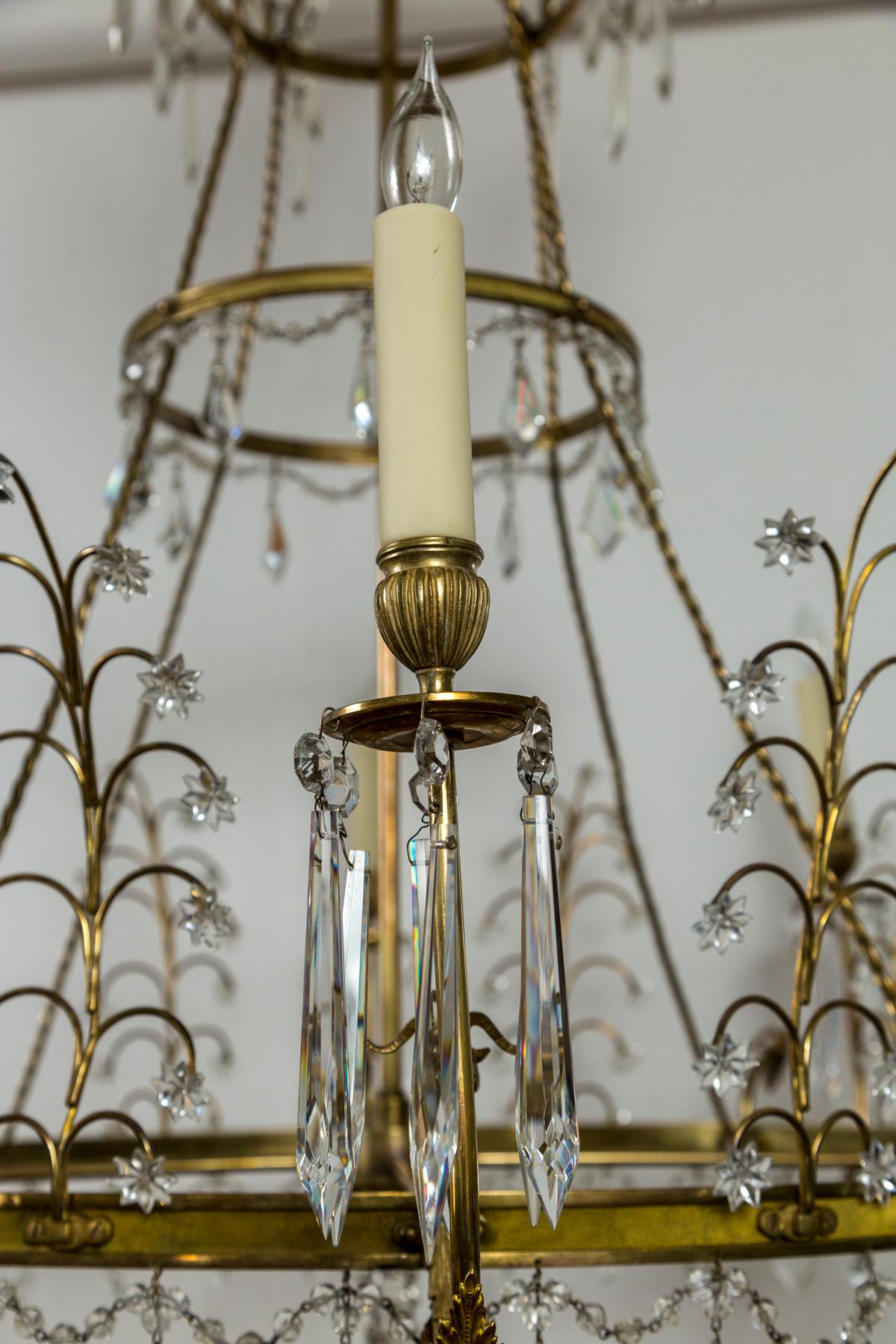 Early 20th Century Baltic Russian Neoclassical Brass and Crystal Chandelier In Good Condition For Sale In Westport, CT